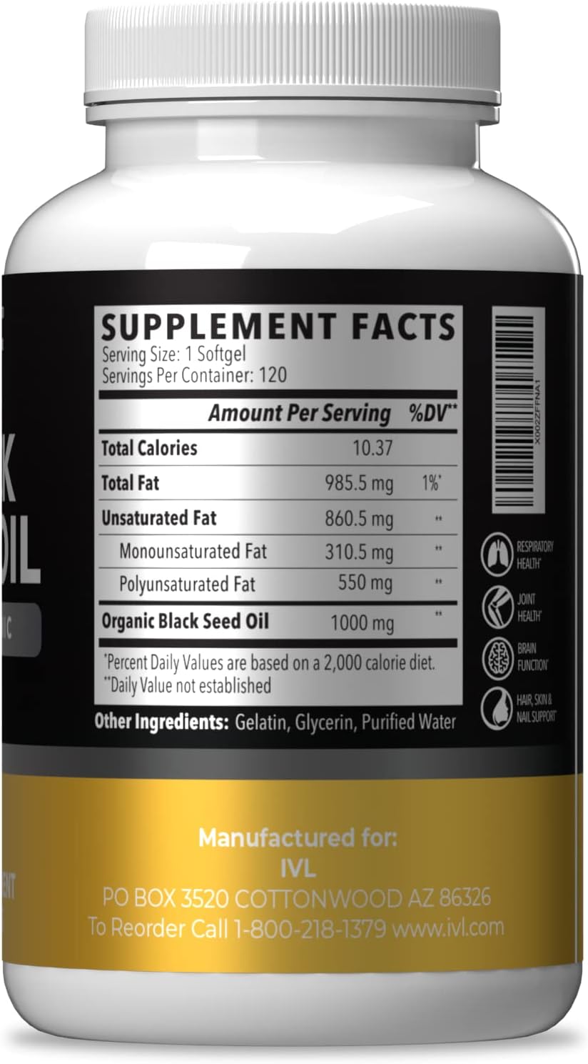 Organic Black Seed Oil Softgel Capsules - Cold Pressed Nigella Sativa Seed Oil - Omega 3 6 9, Antioxidants - 120 Capsules