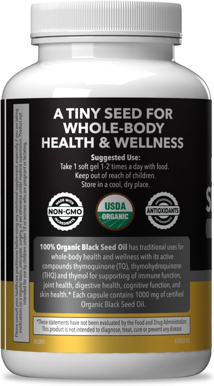 Organic Black Seed Oil Softgel Capsules - Cold Pressed Nigella Sativa Seed Oil - Omega 3 6 9, Antioxidants - 120 Capsules