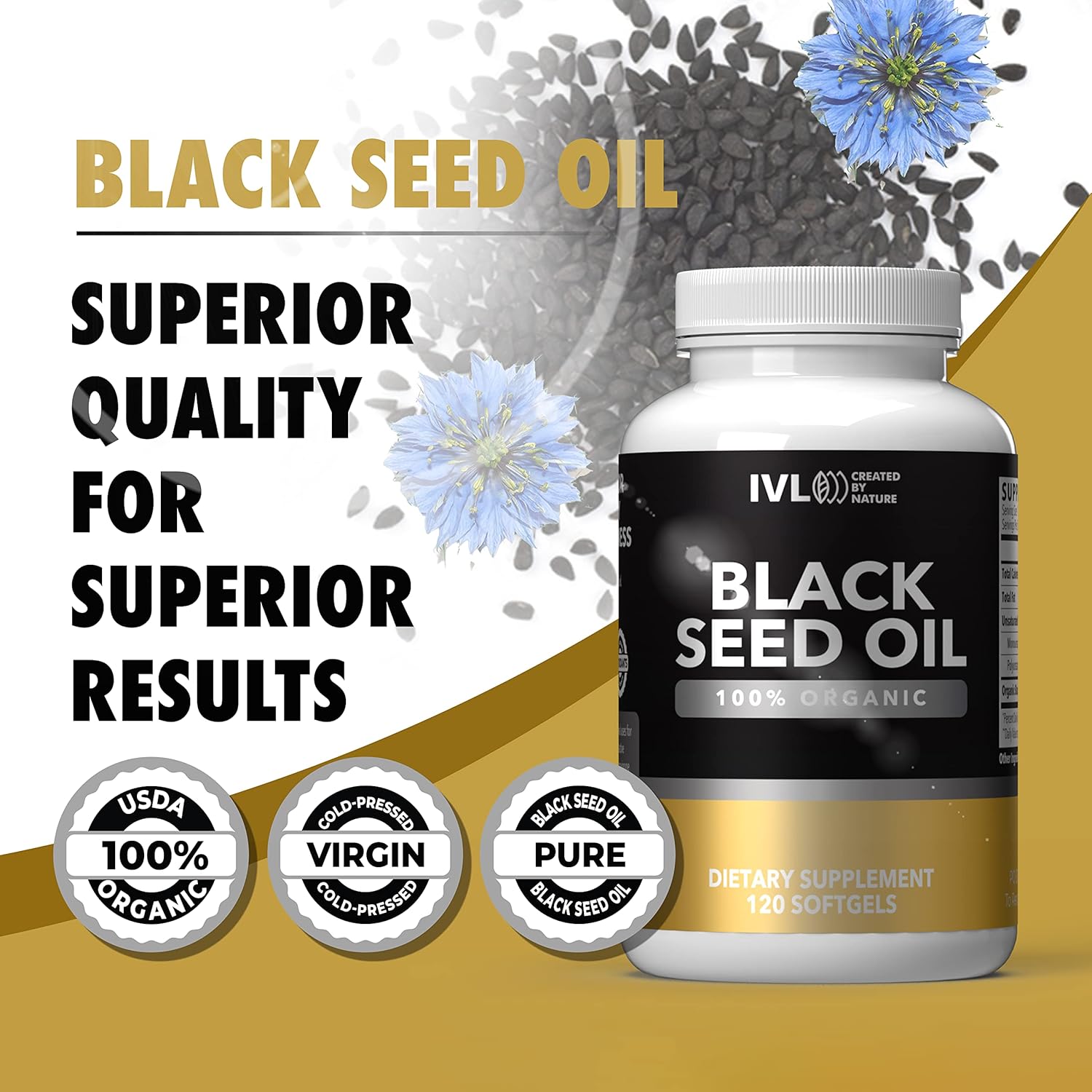 Organic Black Seed Oil Softgel Capsules - Cold Pressed Nigella Sativa Seed Oil - Omega 3 6 9, Antioxidants - 120 Capsules
