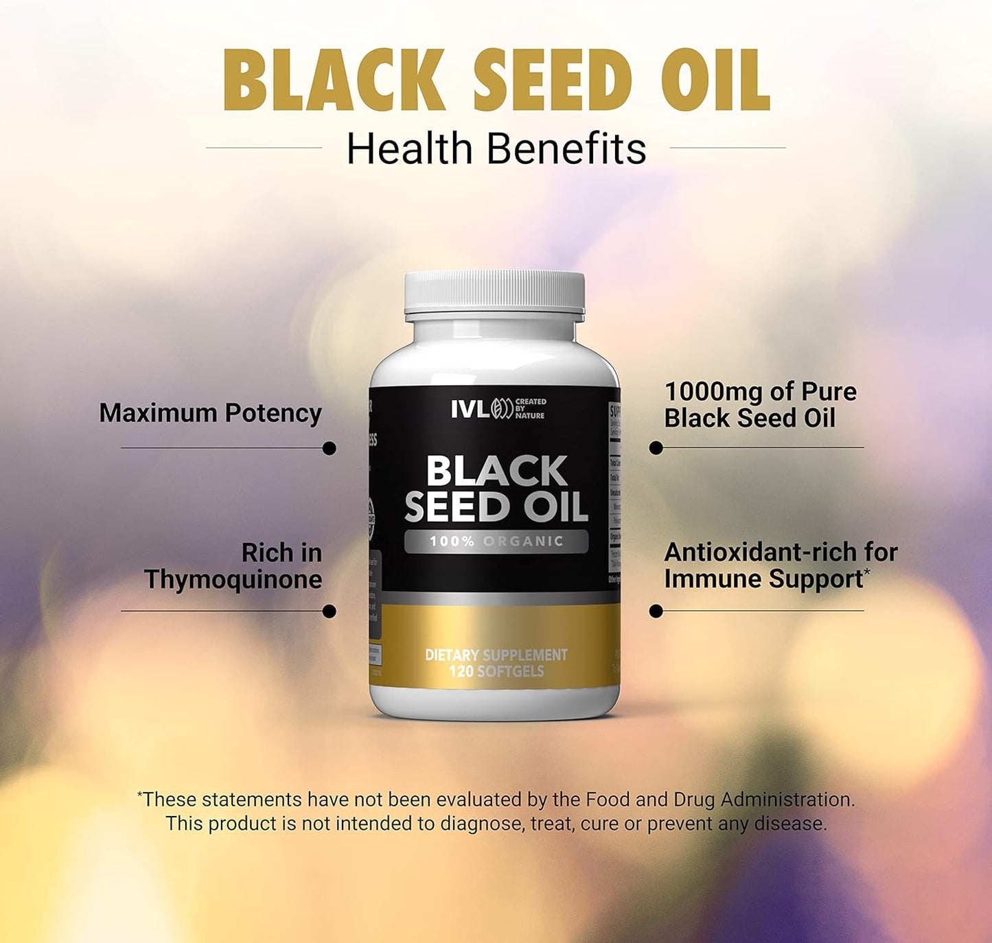 Organic Black Seed Oil Softgel Capsules - Cold Pressed Nigella Sativa Seed Oil - Omega 3 6 9, Antioxidants - 120 Capsules