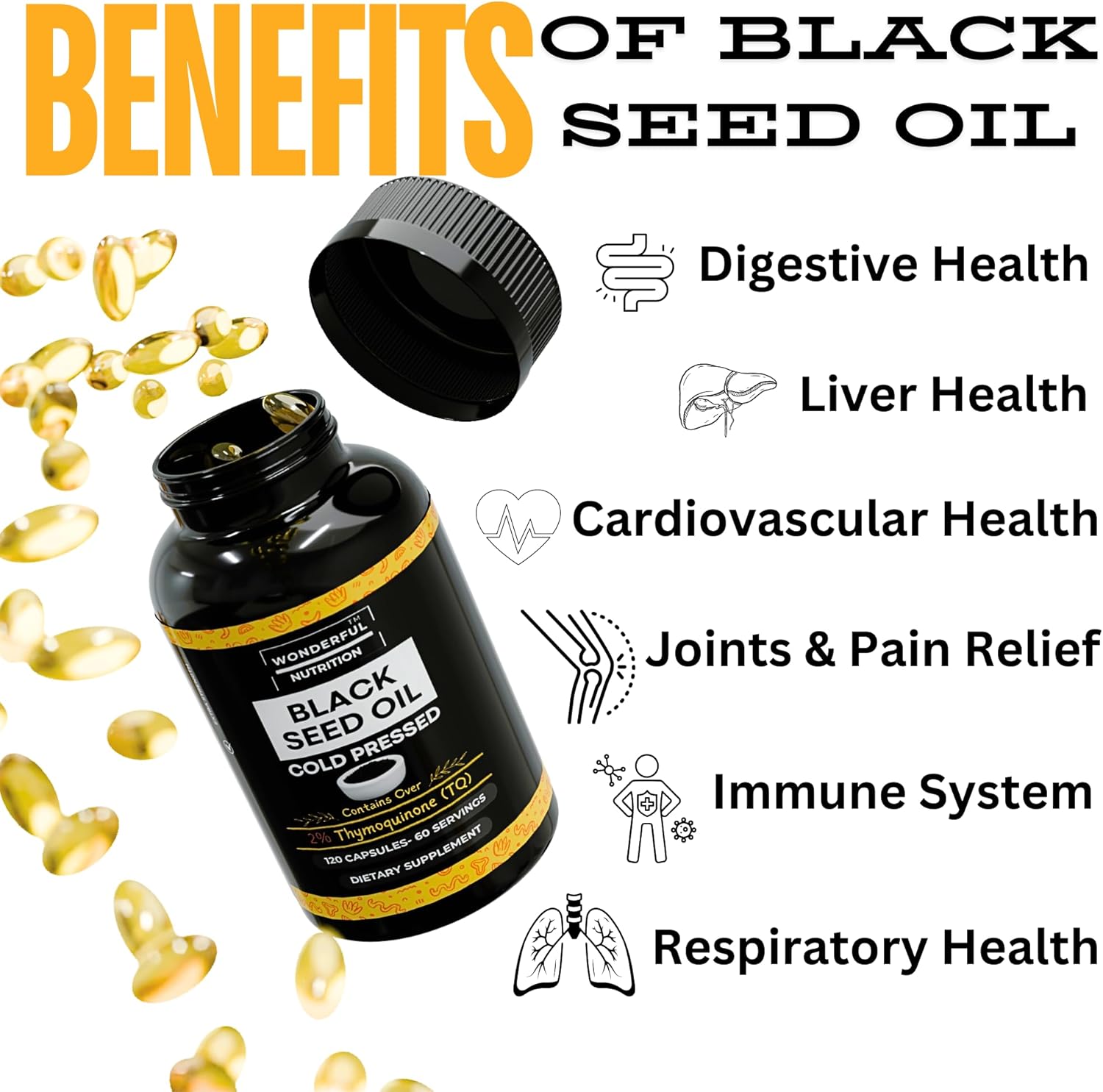 Organic Black Seed Oil Softgels - 120ct, 1000mg/Serving, Cold Pressed, High Thymoquinone - Supports Health, Hair, Skin & Nails