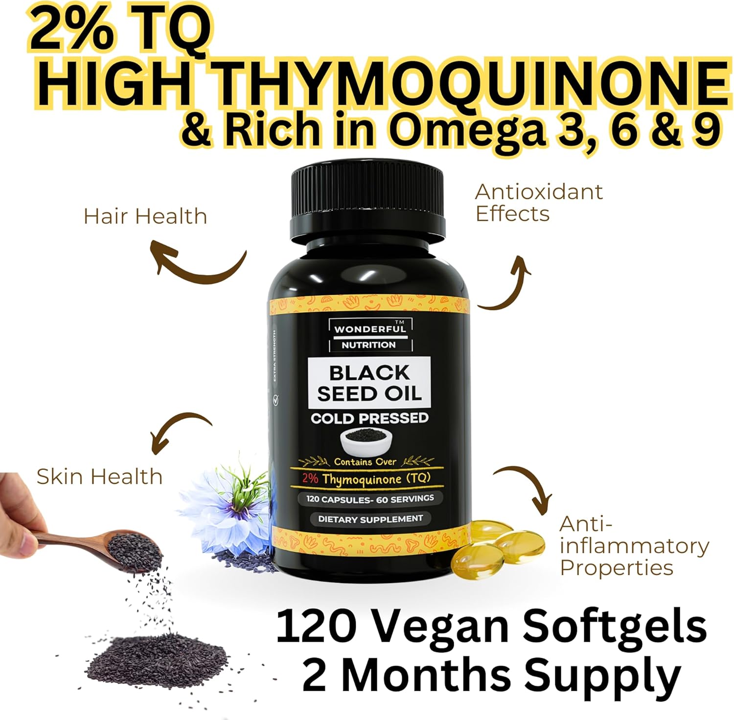 Organic Black Seed Oil Softgels - 120ct, 1000mg/Serving, Cold Pressed, High Thymoquinone - Supports Health, Hair, Skin & Nails