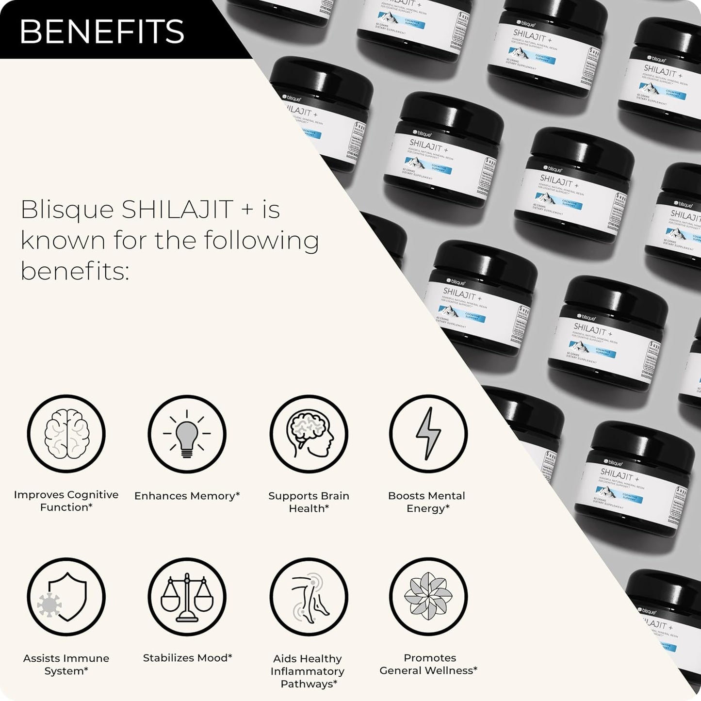 Organic Blisque Shilajit Resin Supplement for Cognitive Support with Bacopa & Gotu Kola - 60g