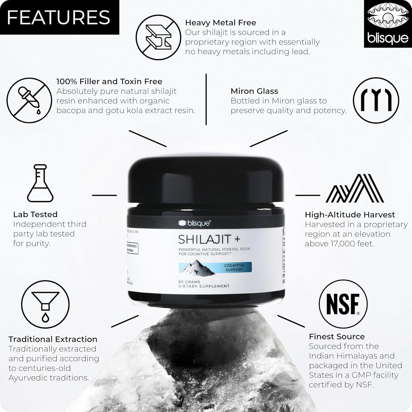 Organic Blisque Shilajit Resin Supplement for Cognitive Support with Bacopa & Gotu Kola - 60g