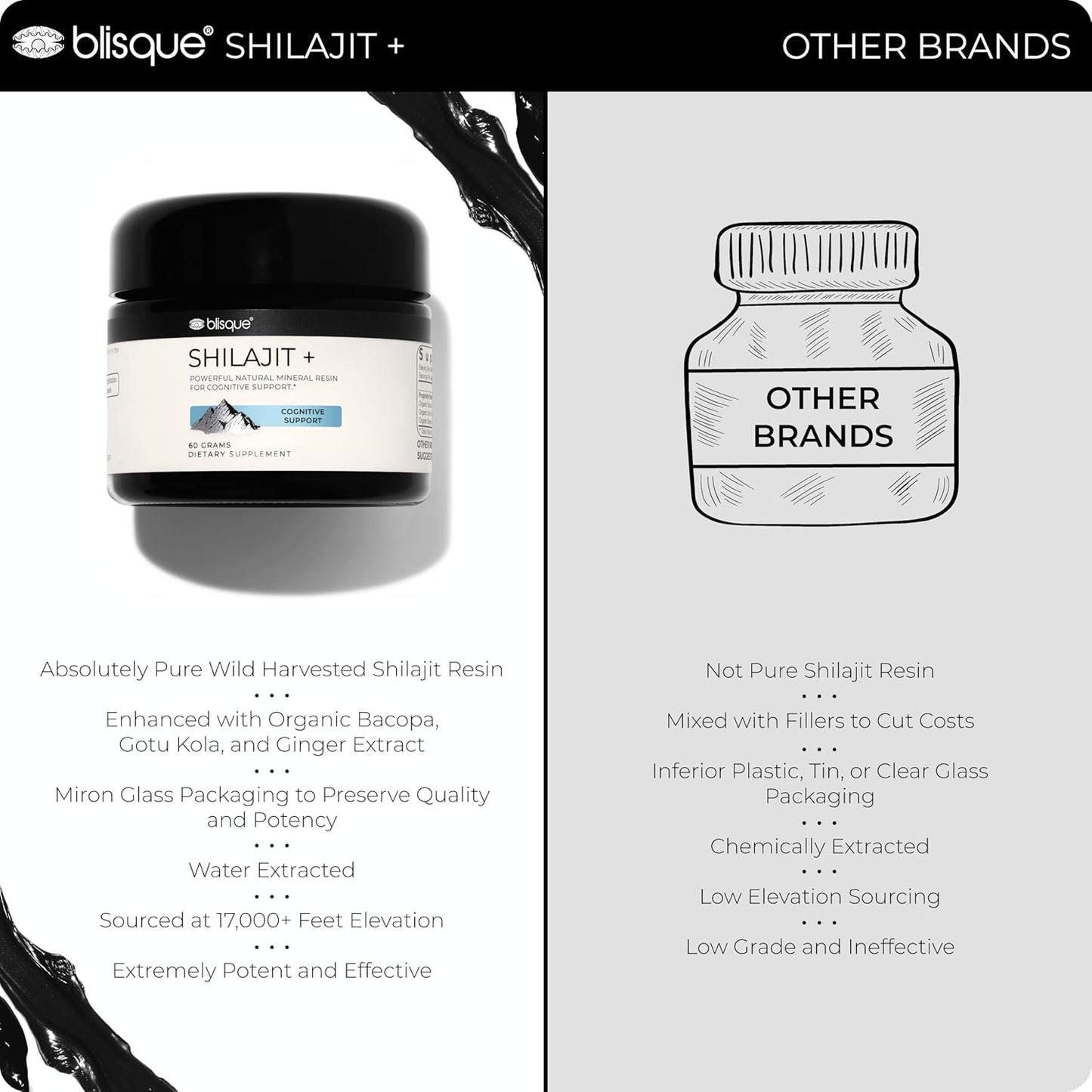 Organic Blisque Shilajit Resin Supplement for Cognitive Support with Bacopa & Gotu Kola - 60g