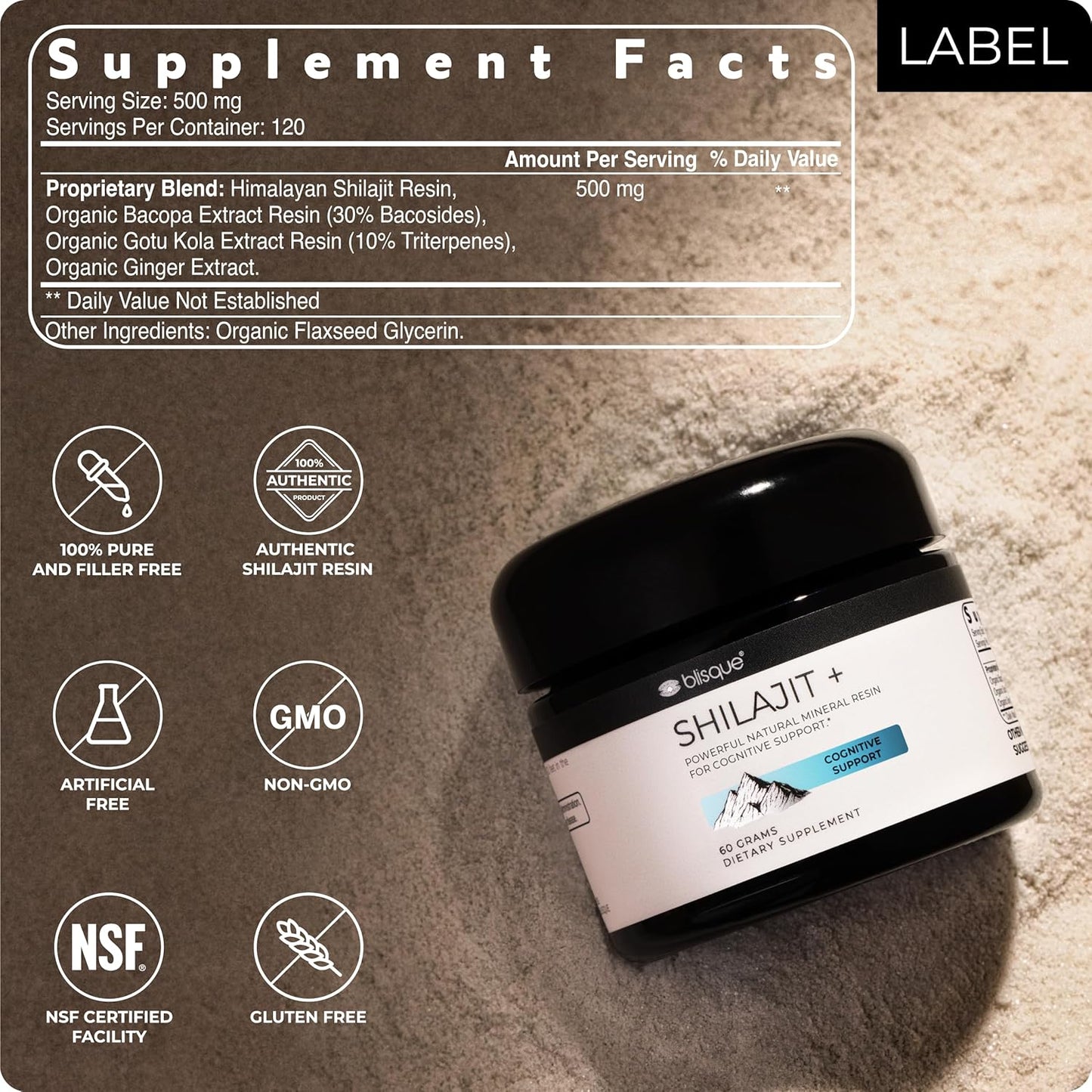 Organic Blisque Shilajit Resin Supplement for Cognitive Support with Bacopa & Gotu Kola - 60g