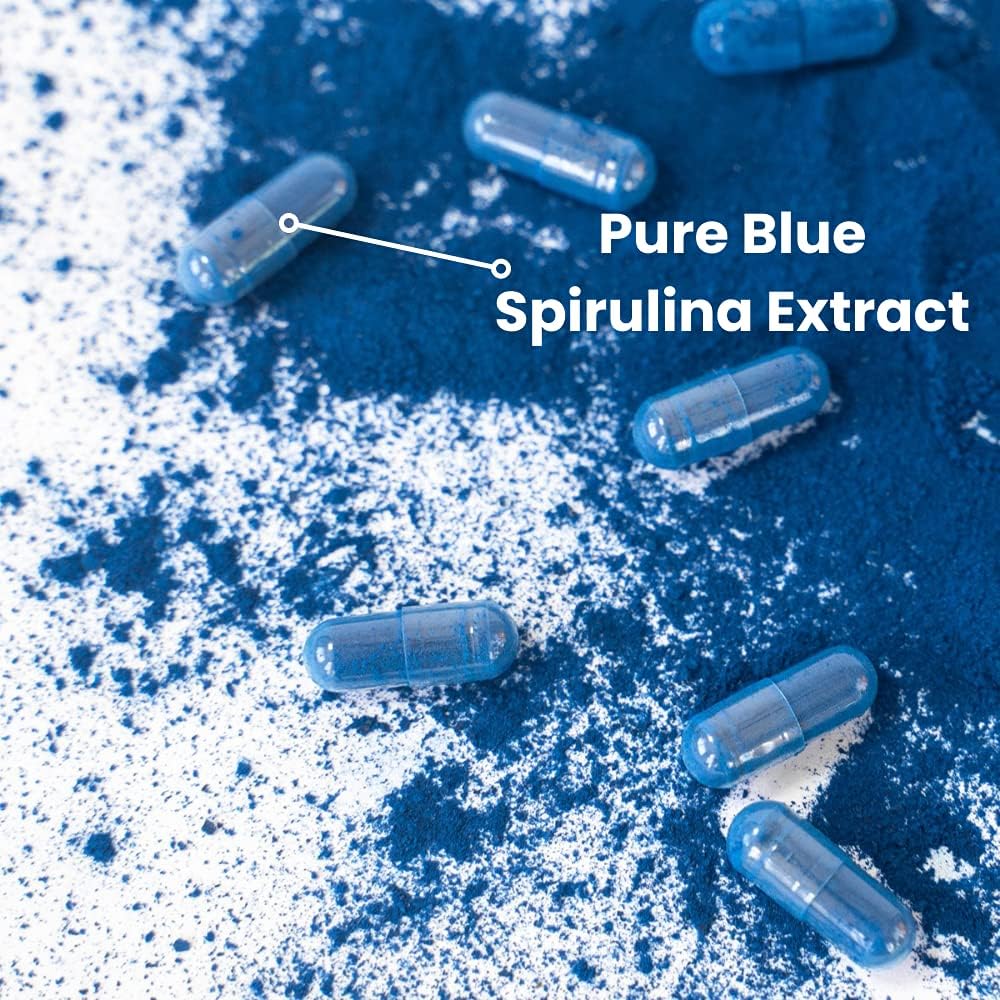 Organic Blue Spirulina Capsules | Superfood Supplement with Phycocyanin | Promotes Healthy Skin, Oral Health, and Wound Recovery | 30 Servings