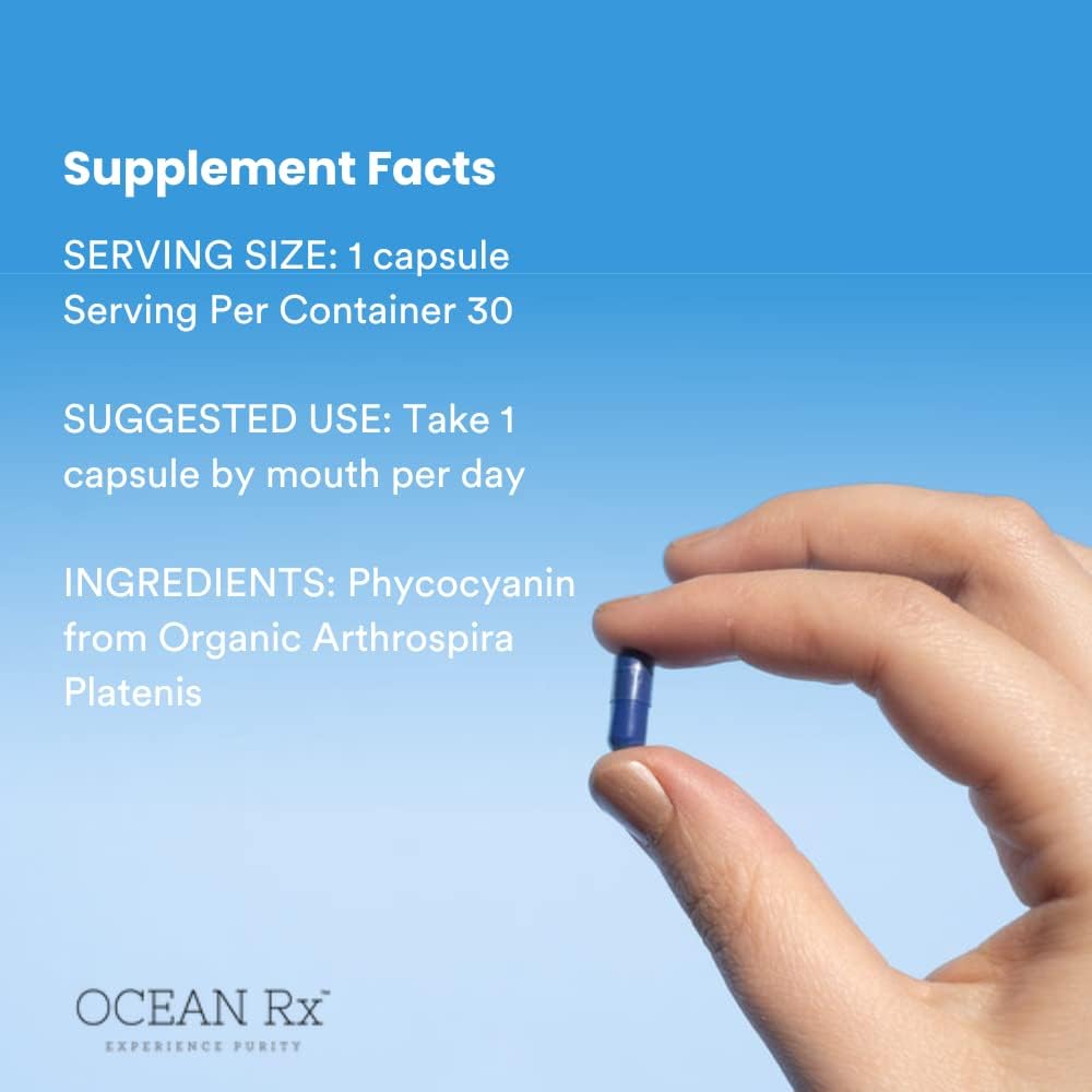 Organic Blue Spirulina Capsules | Superfood Supplement with Phycocyanin | Promotes Healthy Skin, Oral Health, and Wound Recovery | 30 Servings