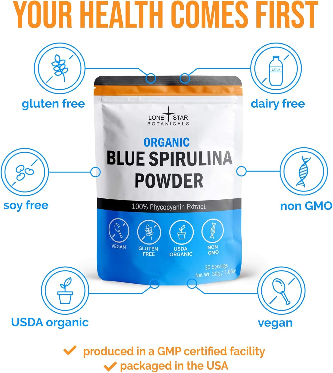 Organic Blue Spirulina Powder - Pure Superfood Algae for Smoothies & Drinks - Non GMO, Vegan, Gluten-Free - USDA Certified