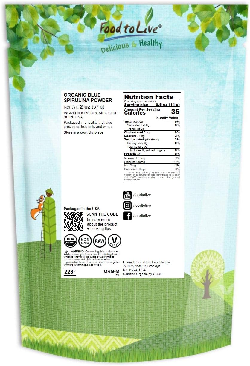 Organic Blue Spirulina Powder 2oz - Non-GMO Raw Algae Extract for Juices, Smoothies & Food Coloring - Vegan & Non-Irradiated