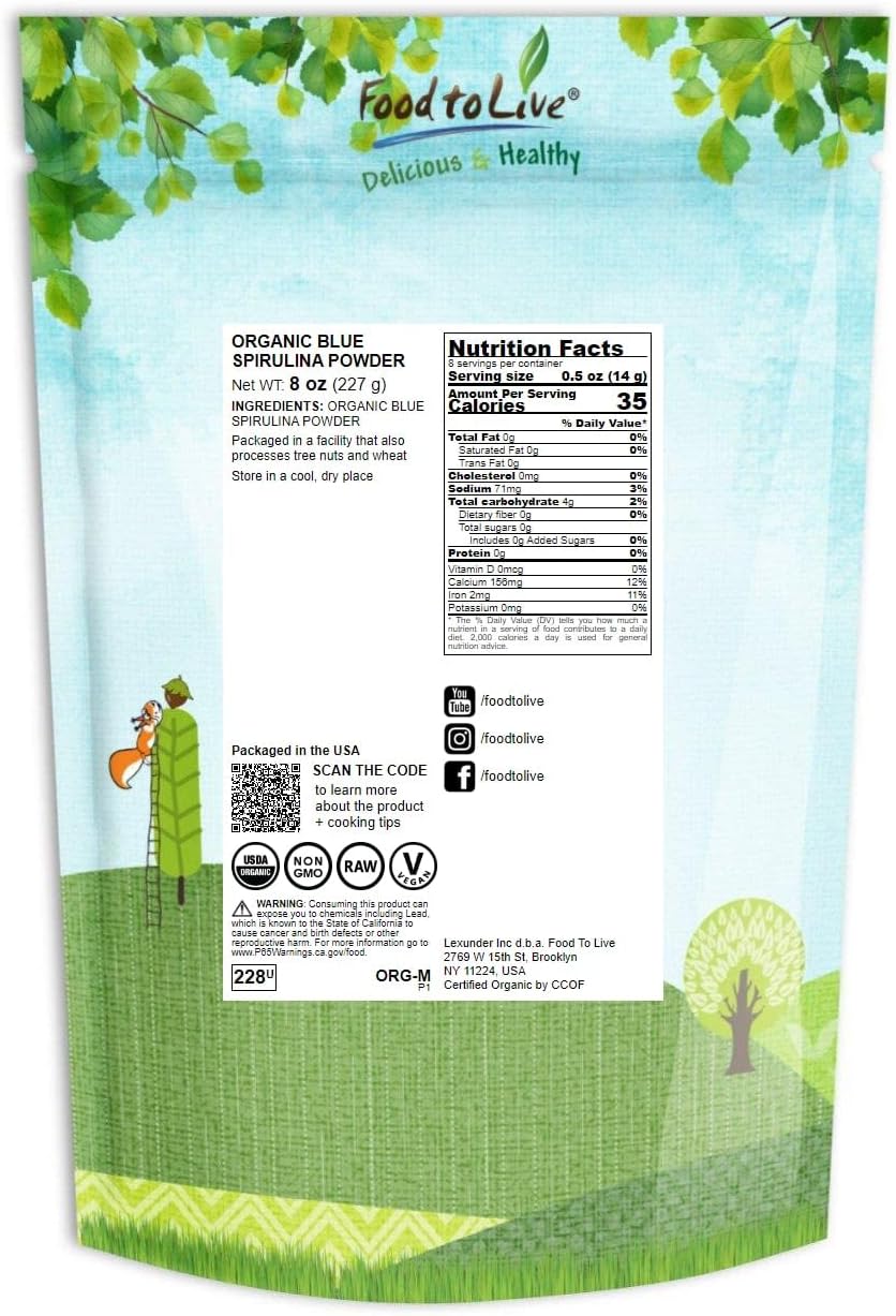 Organic Blue Spirulina Powder 8oz - Non-GMO Vegan Algae Extract for Smoothies, Juices, Shakes & Food Coloring