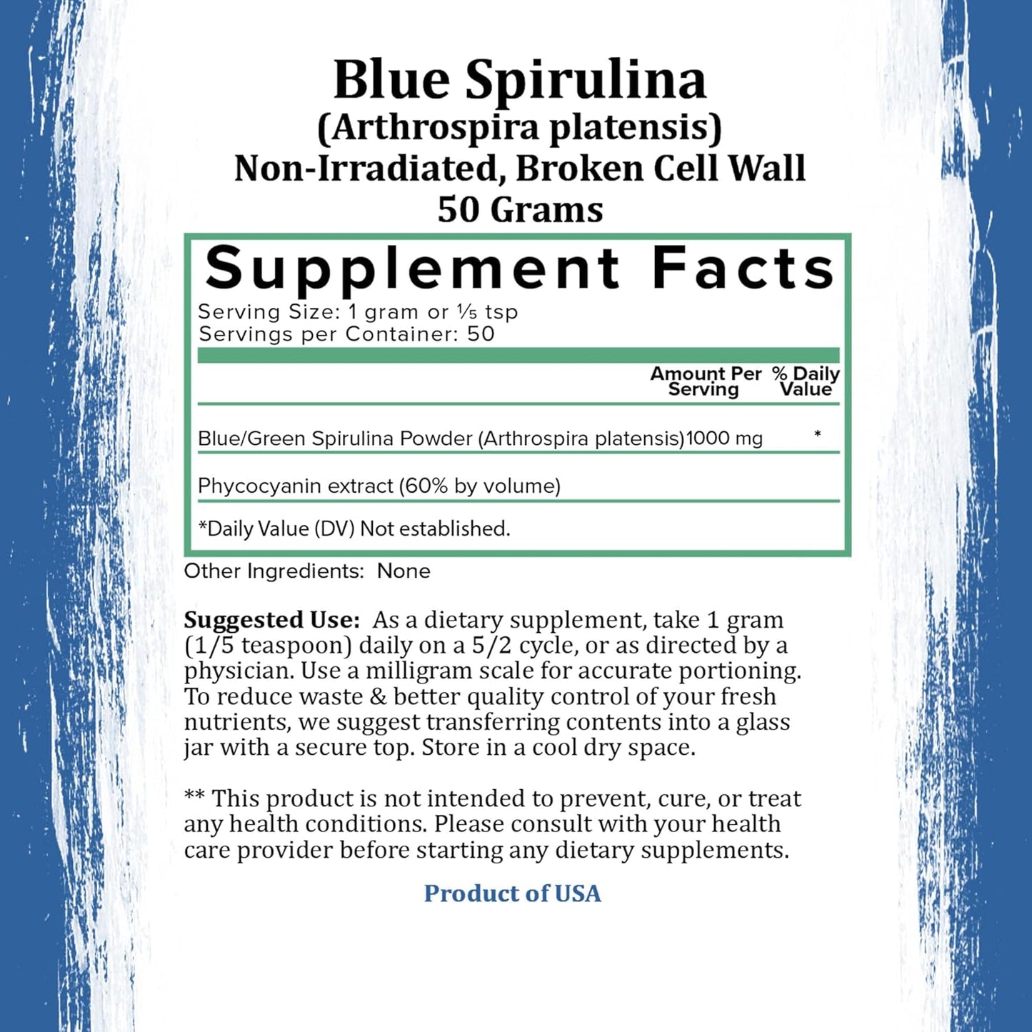 Organic Blue Spirulina Powder: Rich Vegan Protein Source, Ideal for Smoothies & Baked Goods - 50g