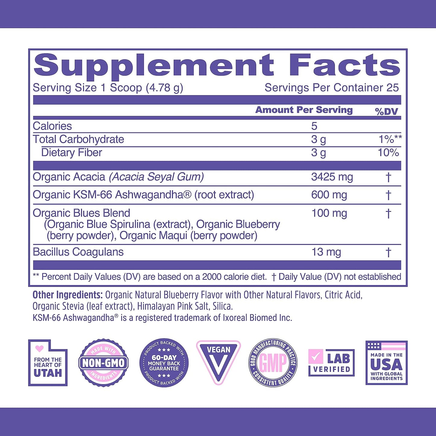 Organic Blue Spirulina Powder with KSM-66 Ashwagandha and Blueberry - Superfood Powder for Antioxidants, Mental Energy, Sleep, and Digestion - Non-GMO, Vegan - 25 Servings