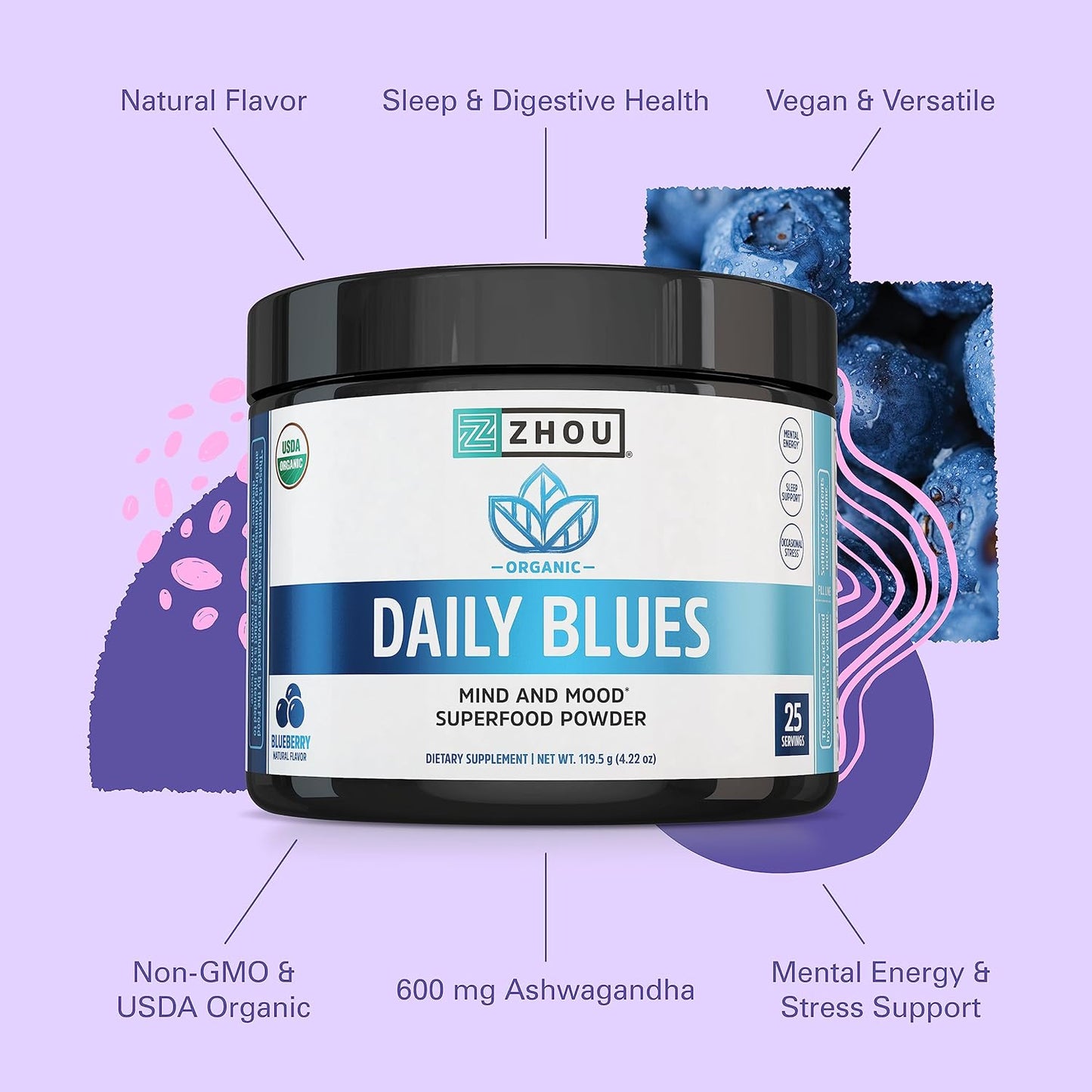 Organic Blue Spirulina Powder with KSM-66 Ashwagandha and Blueberry - Superfood Powder for Antioxidants, Mental Energy, Sleep, and Digestion - Non-GMO, Vegan - 25 Servings
