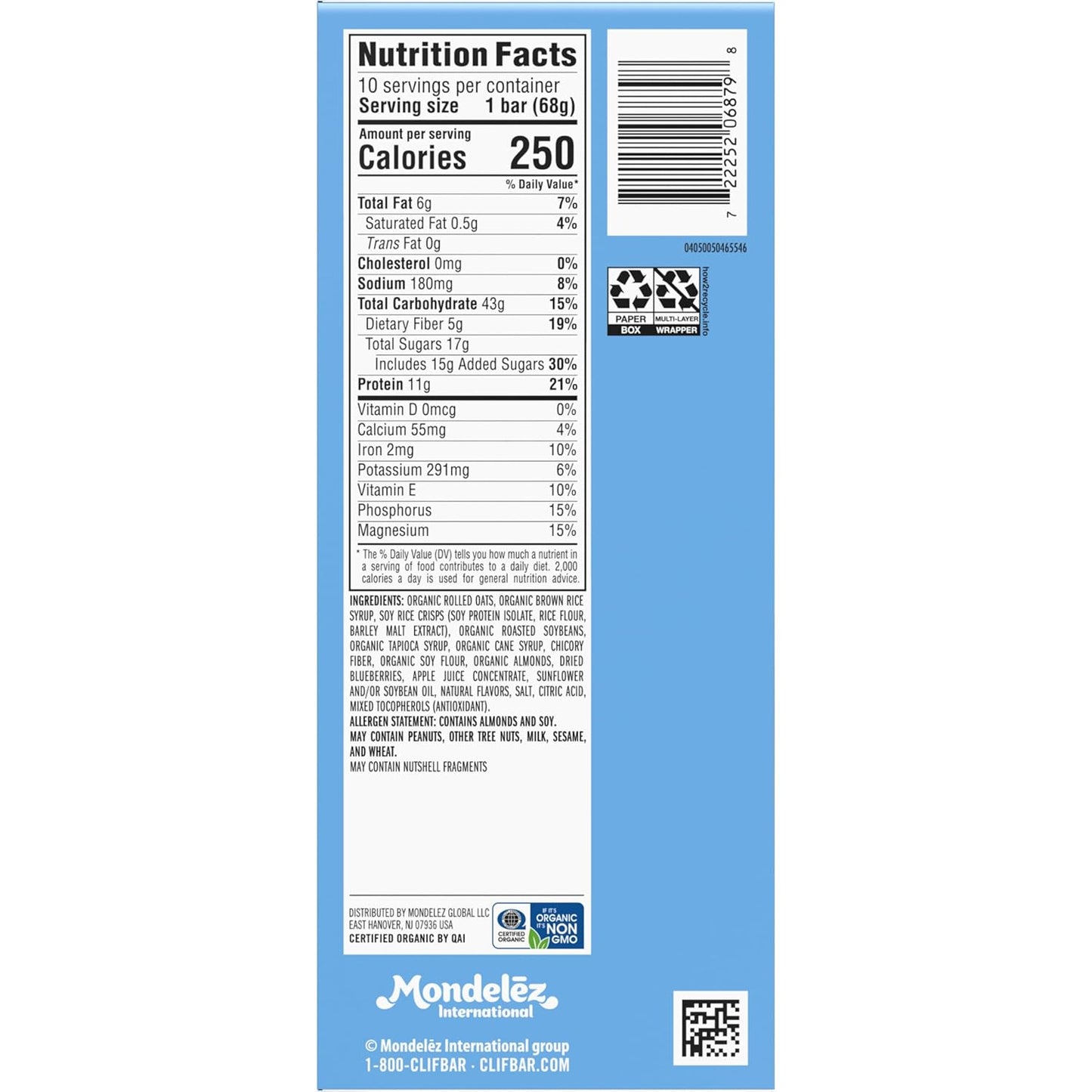 Organic Blueberry Almond Crisp Energy Bars - Non-GMO Plant Based Protein (10 Pack)