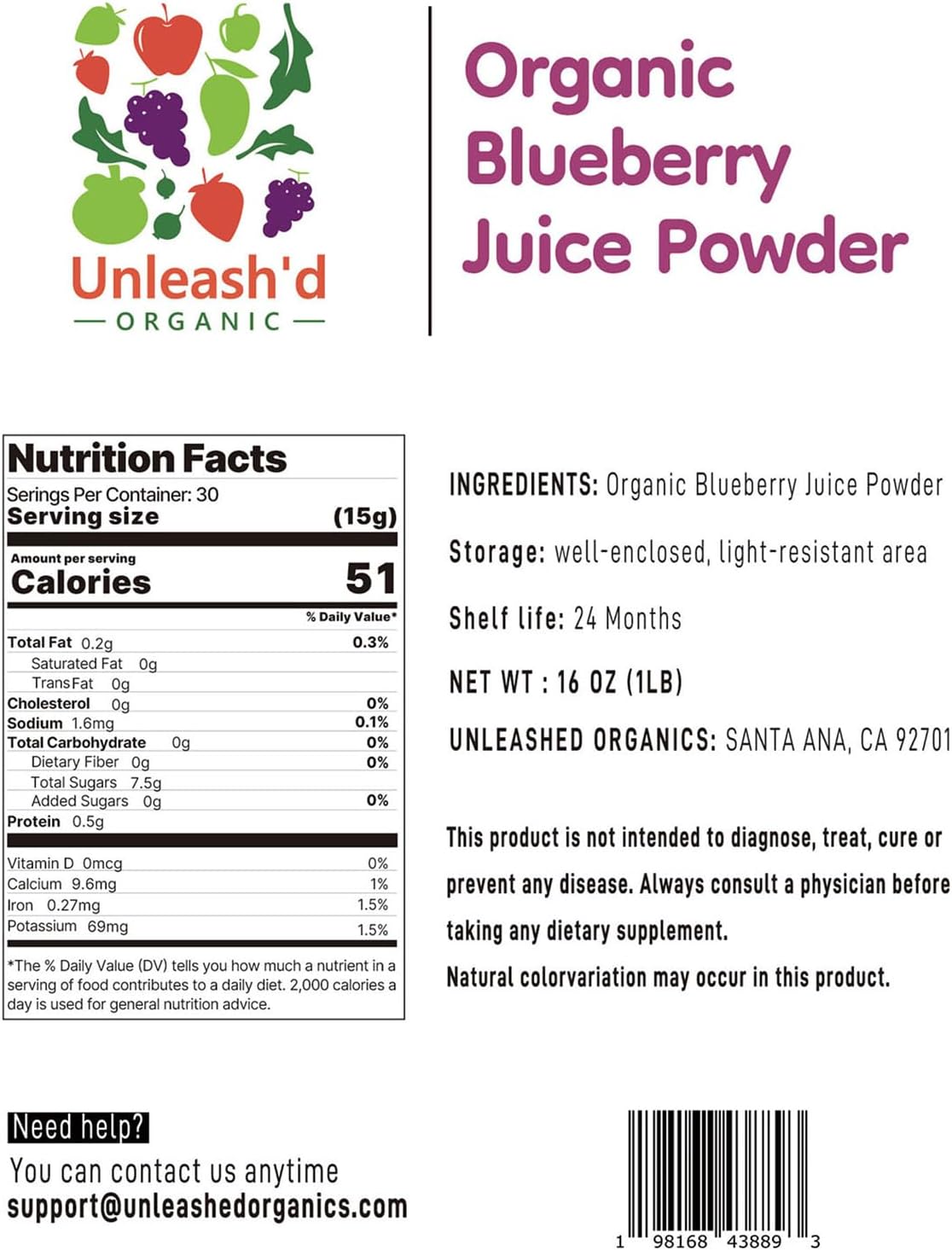 Organic Blueberry Juice Powder 16 oz - 100% Pure Natural Green Food, High in Antioxidants and Vitamins, Supports Digestion and Immune Health