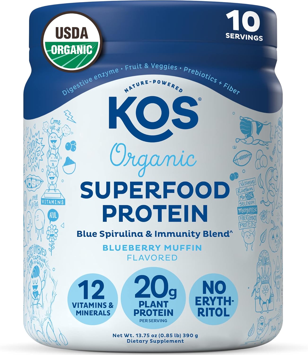 Organic Blueberry Muffin Plant Based Protein Powder with Spirulina - Vegan Meal Replacement for Women & Men - 10 Servings - Gluten, Soy, Dairy Free