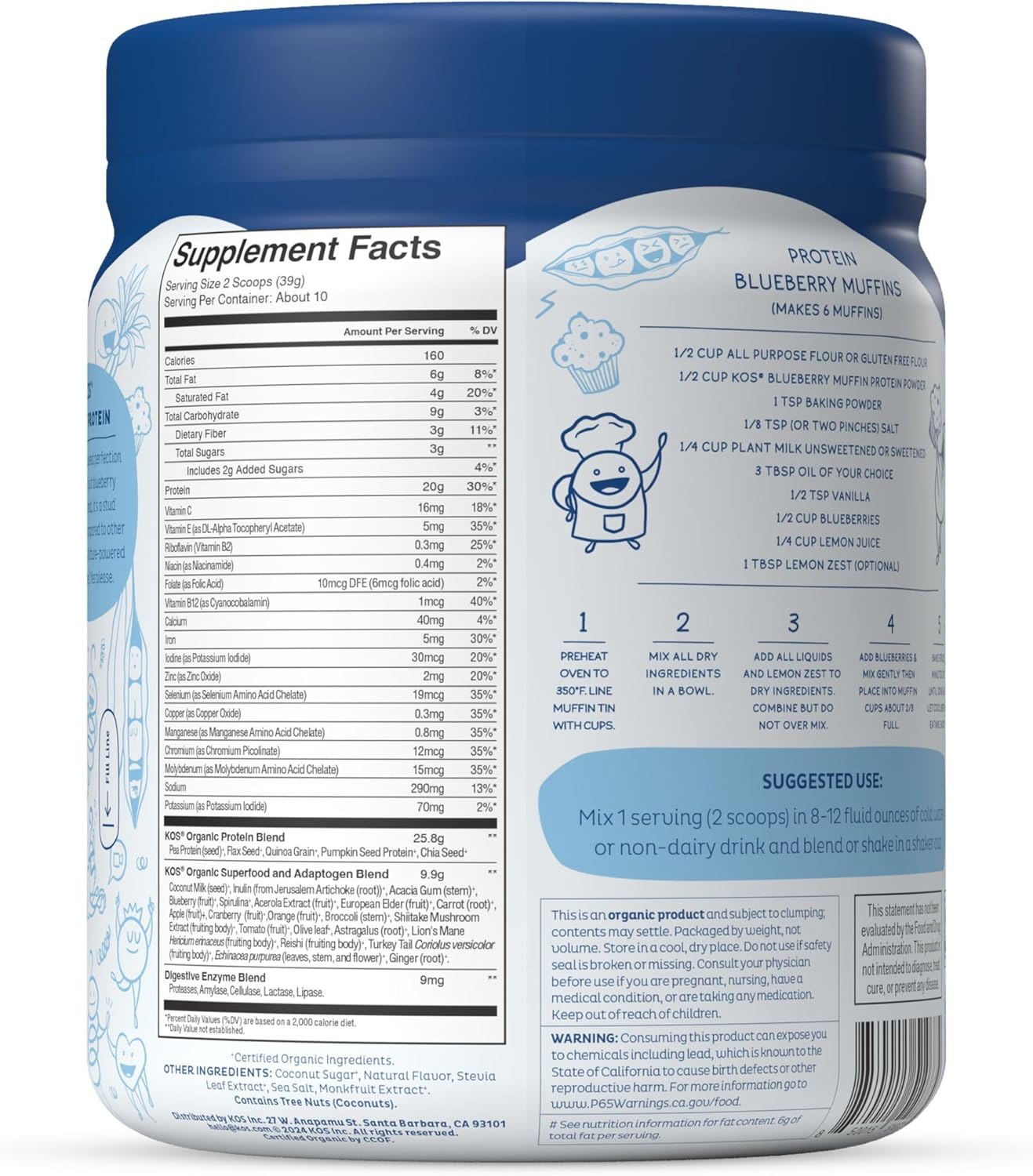 Organic Blueberry Muffin Plant Based Protein Powder with Spirulina - Vegan Meal Replacement for Women & Men - 10 Servings - Gluten, Soy, Dairy Free