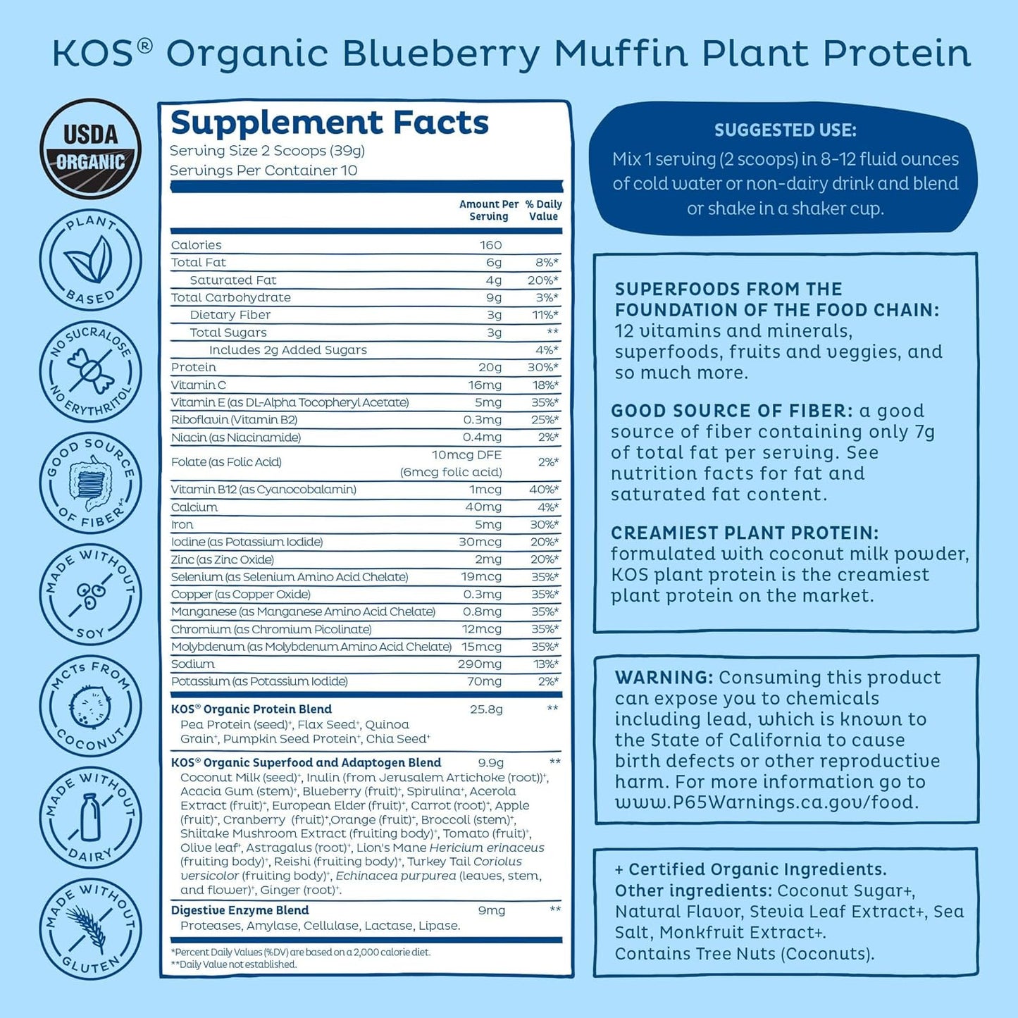 Organic Blueberry Muffin Plant Based Protein Powder with Spirulina - Vegan Meal Replacement for Women & Men - 10 Servings - Gluten, Soy, Dairy Free