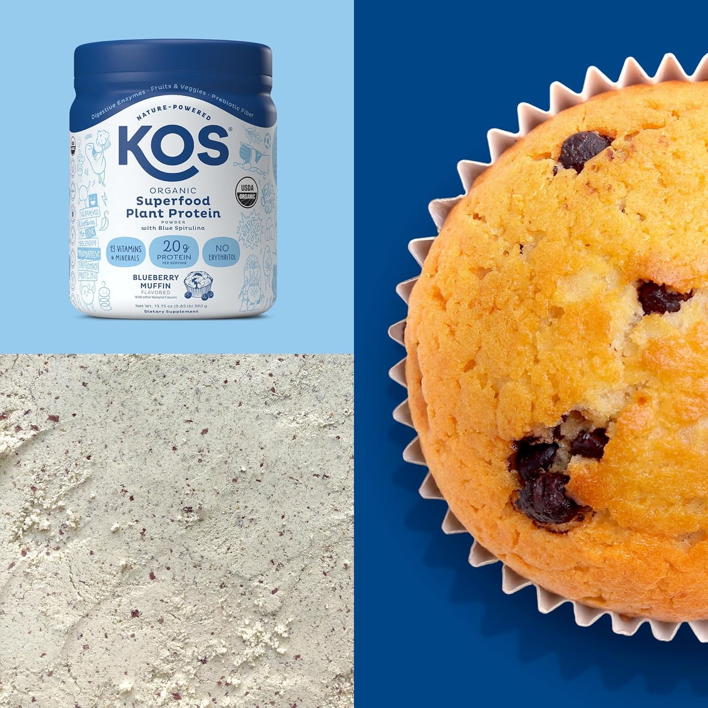 Organic Blueberry Muffin Plant Based Protein Powder with Spirulina - Vegan Meal Replacement for Women & Men - 10 Servings - Gluten, Soy, Dairy Free