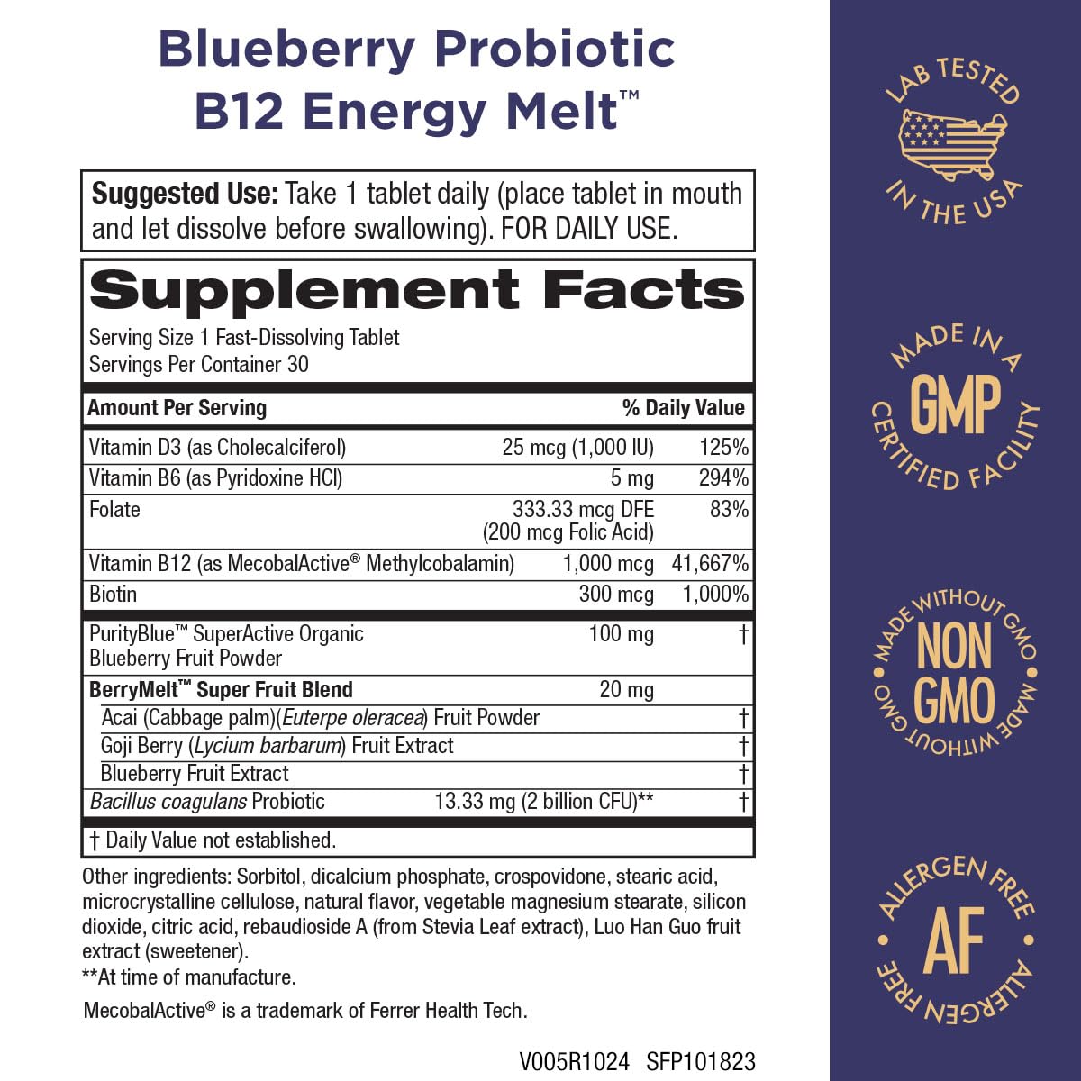 Organic Blueberry Probiotic B12 Energy Melt - Clinical Grade with Methylcobalamin B-12 - 30 Melts