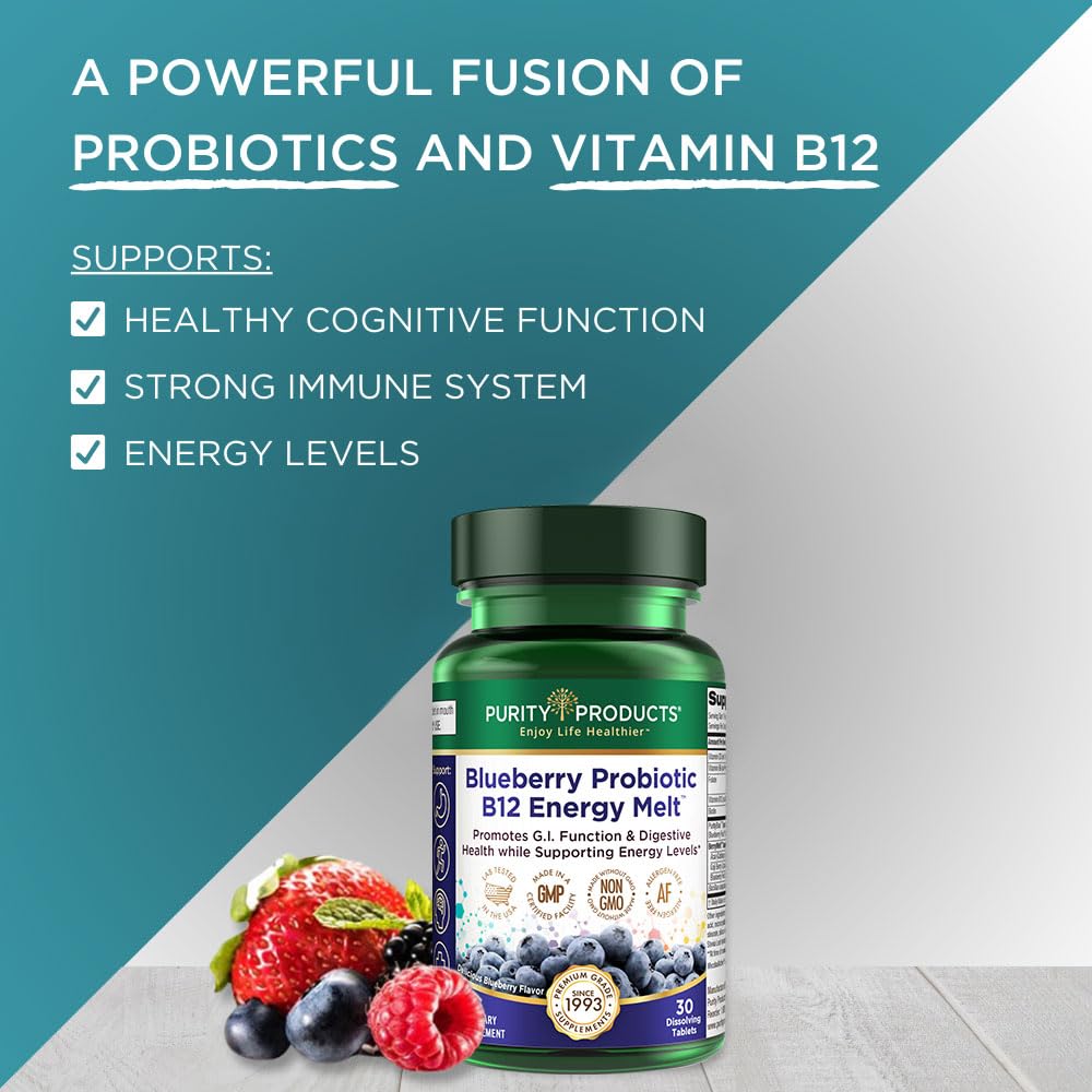 Organic Blueberry Probiotic B12 Energy Melt - Clinical Grade with Methylcobalamin B-12 - 30 Melts