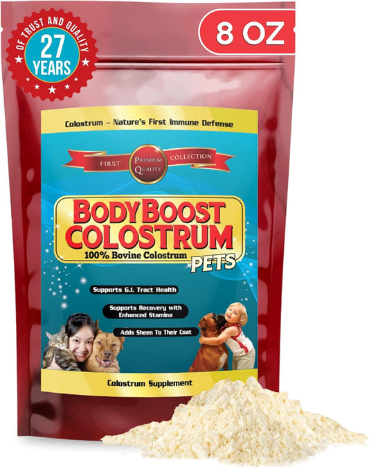 Organic BodyBoost Bovine Colostrum Powder for Dogs and Cats - Immune Support Supplement for Allergy Relief, Itch Relief, and Gut Health - Grass Fed, All Ages - 8 oz