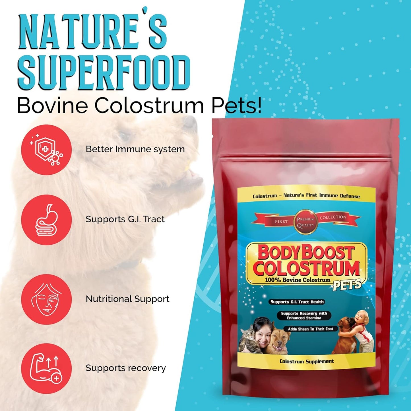 Organic BodyBoost Bovine Colostrum Powder for Dogs and Cats - Immune Support Supplement for Allergy Relief, Itch Relief, and Gut Health - Grass Fed, All Ages - 8 oz