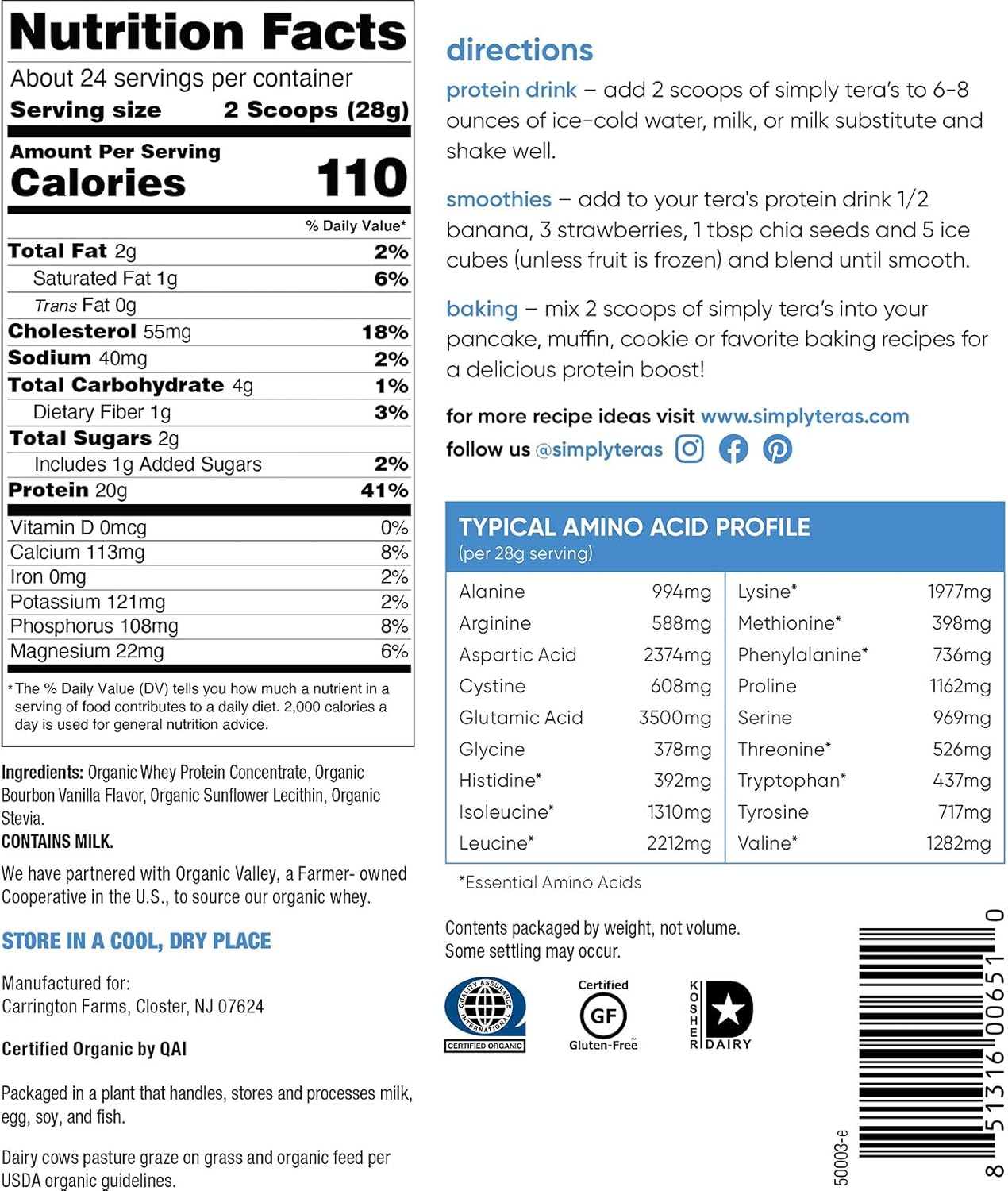 Organic Bourbon Vanilla Whey Protein Powder - Family Size by Simply Tera