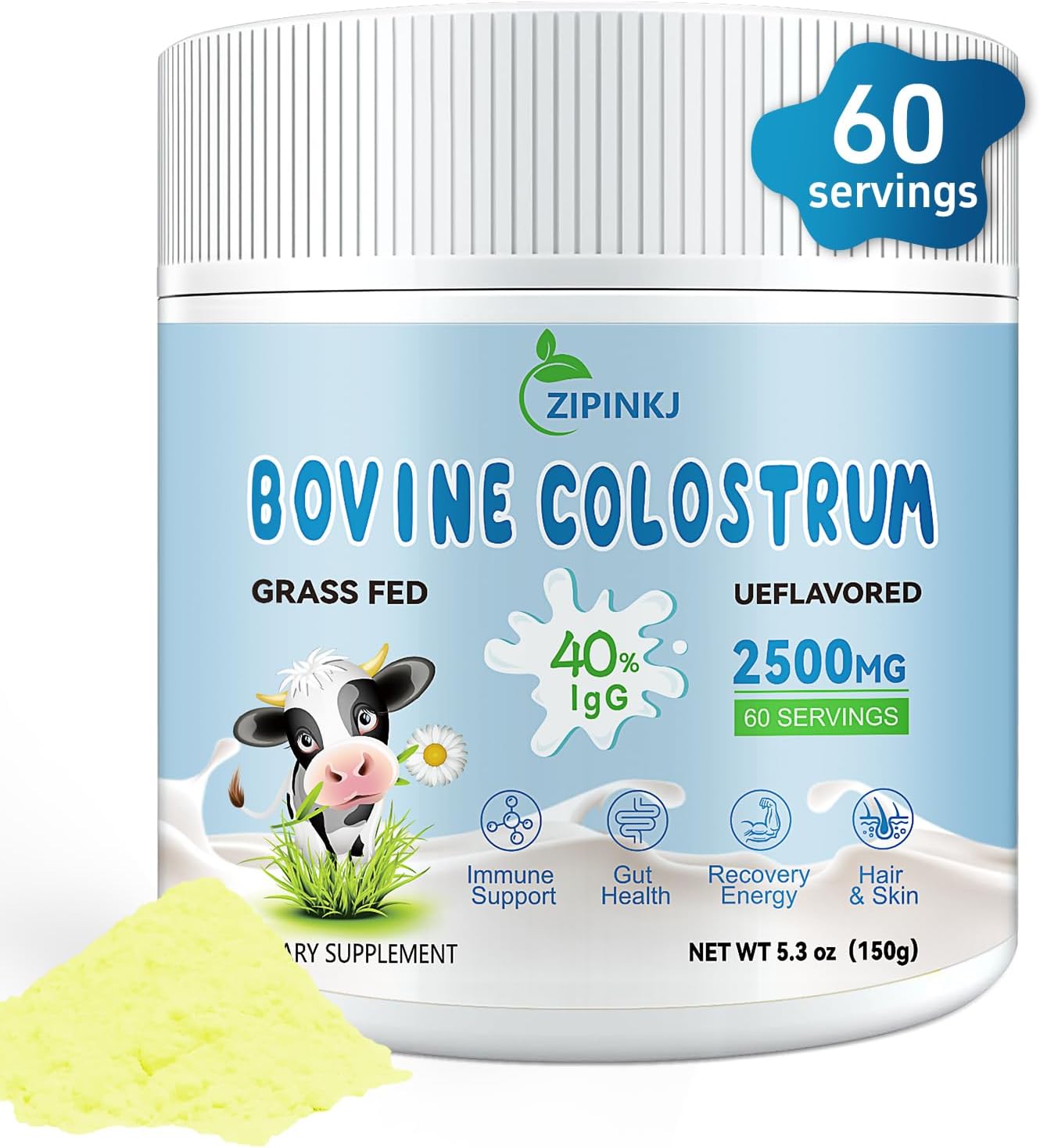 Organic Bovine Colostrum Powder 2500mg - Grass-Fed Cows, 40% IgG, Gut & Immune Support - Unflavored, Easy to Mix - 60 Servings