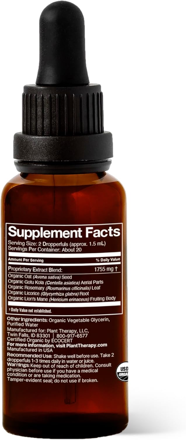 Organic Brain Power Tincture 30 mL - Boosts Brain Focus, Clarity & Memory - Plant Therapy Brain Boost Supplement