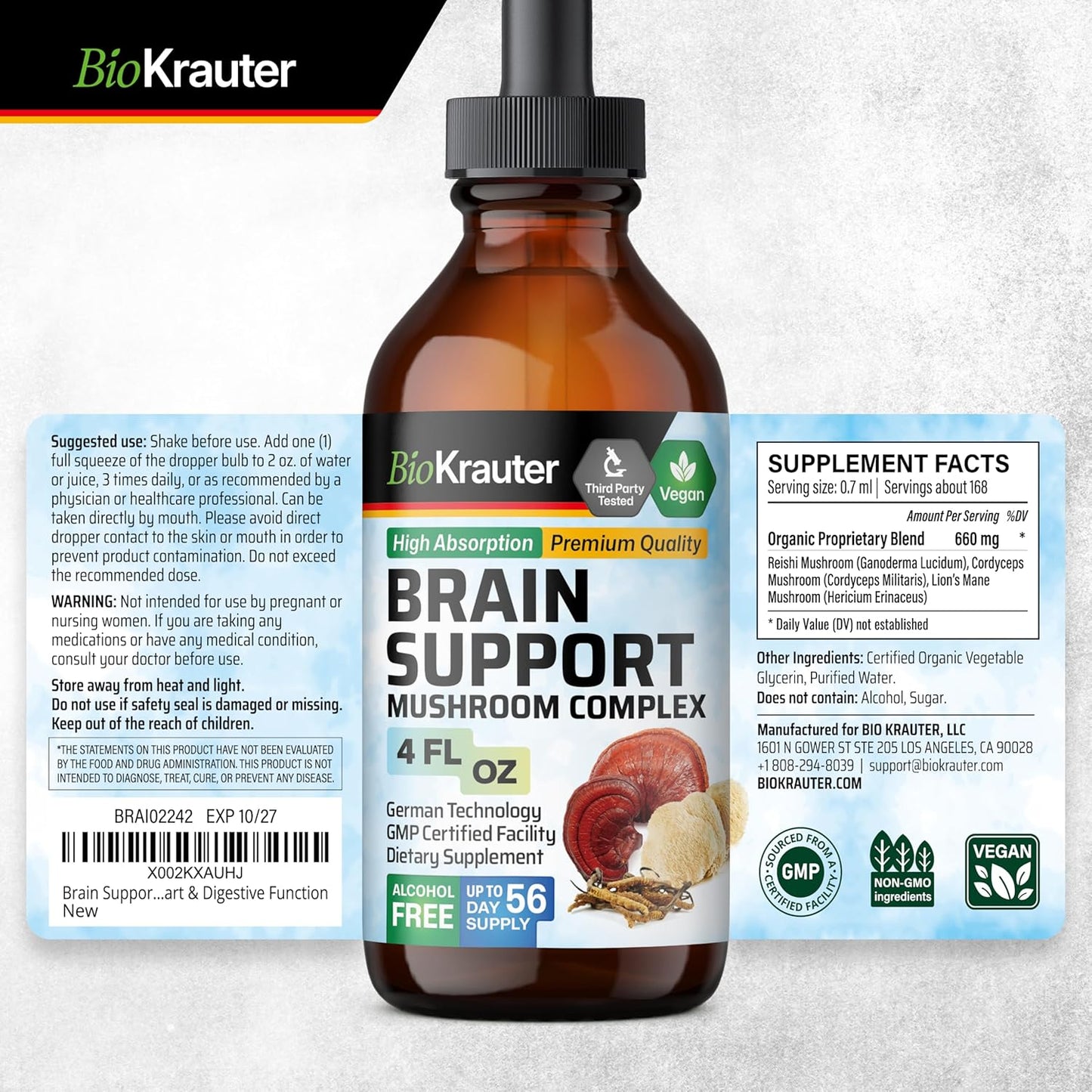 Organic Brain Support Mushroom Tincture - Lions Mane, Cordyceps, Reishi Liquid Extract - Vegan, Alcohol & Sugar Free - 4 Fl.Oz.