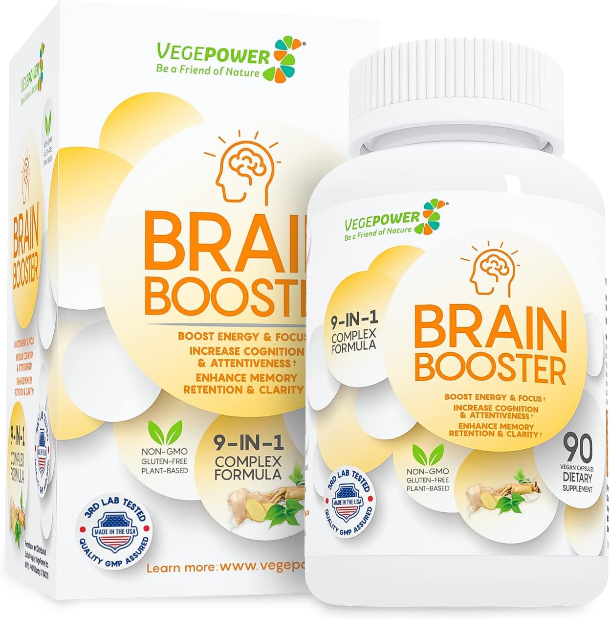 Organic Brain Support Supplement for Focus, Memory, and Energy - Vegan Nootropics with Guarana, Ginseng, Rhodiola Extract - 90 Capsules