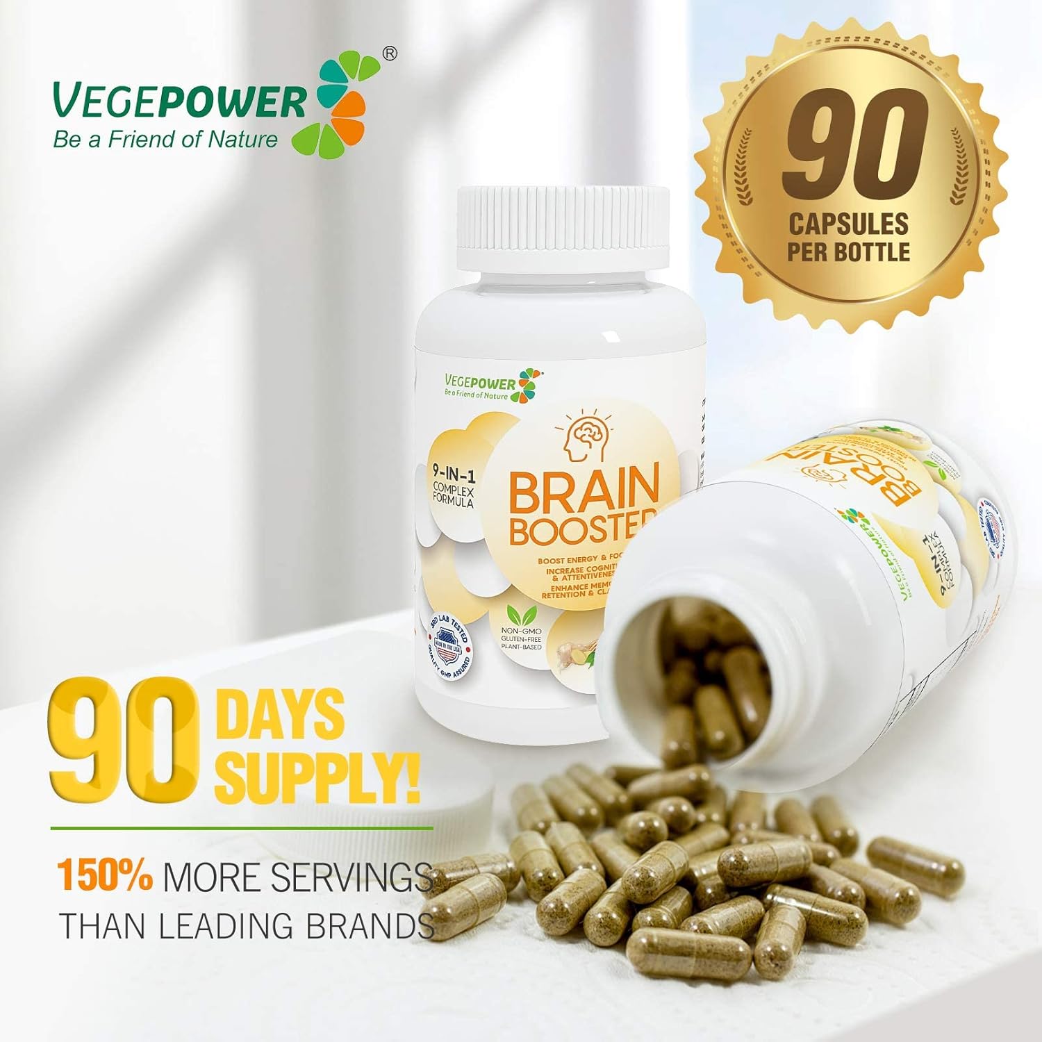 Organic Brain Support Supplement for Focus, Memory, and Energy - Vegan Nootropics with Guarana, Ginseng, Rhodiola Extract - 90 Capsules