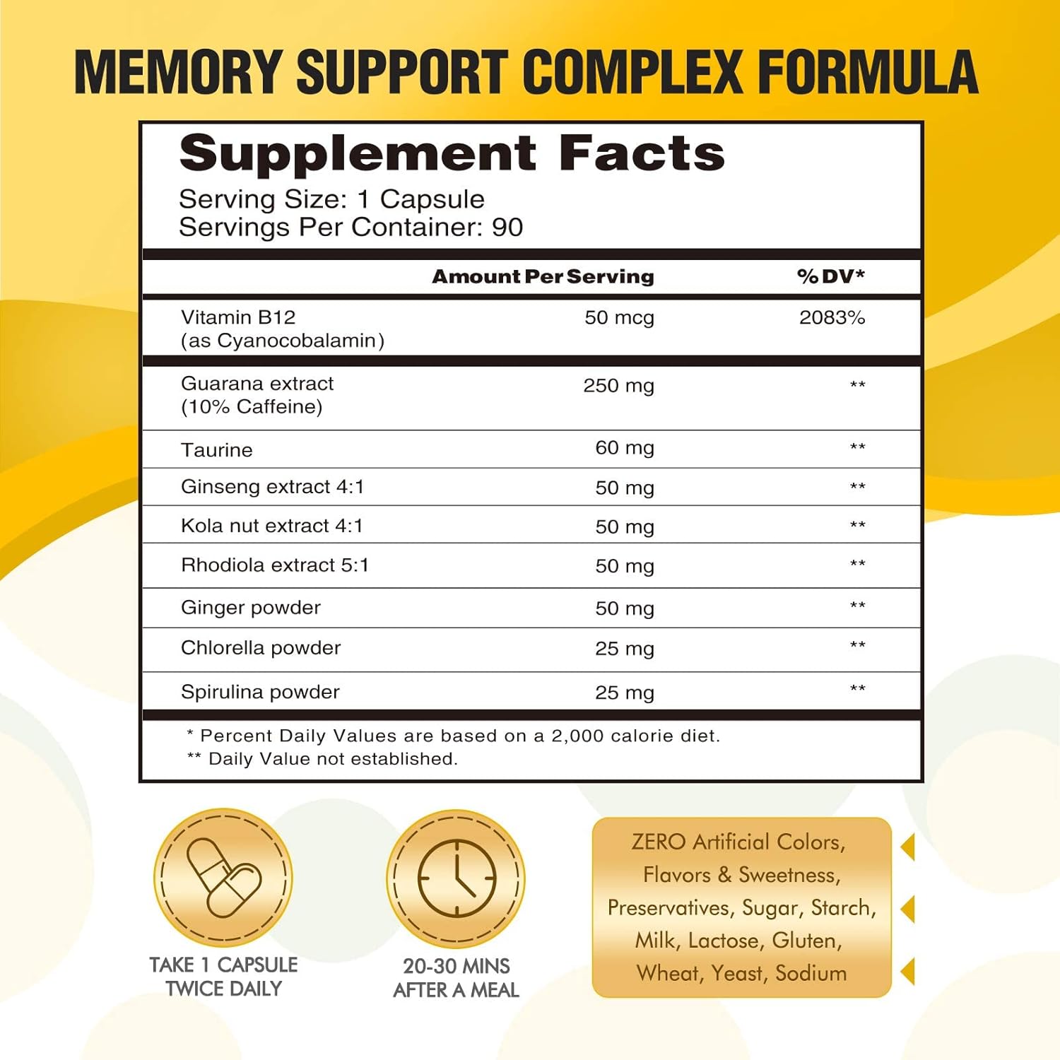 Organic Brain Support Supplement for Focus, Memory, and Energy - Vegan Nootropics with Guarana, Ginseng, Rhodiola Extract - 90 Capsules