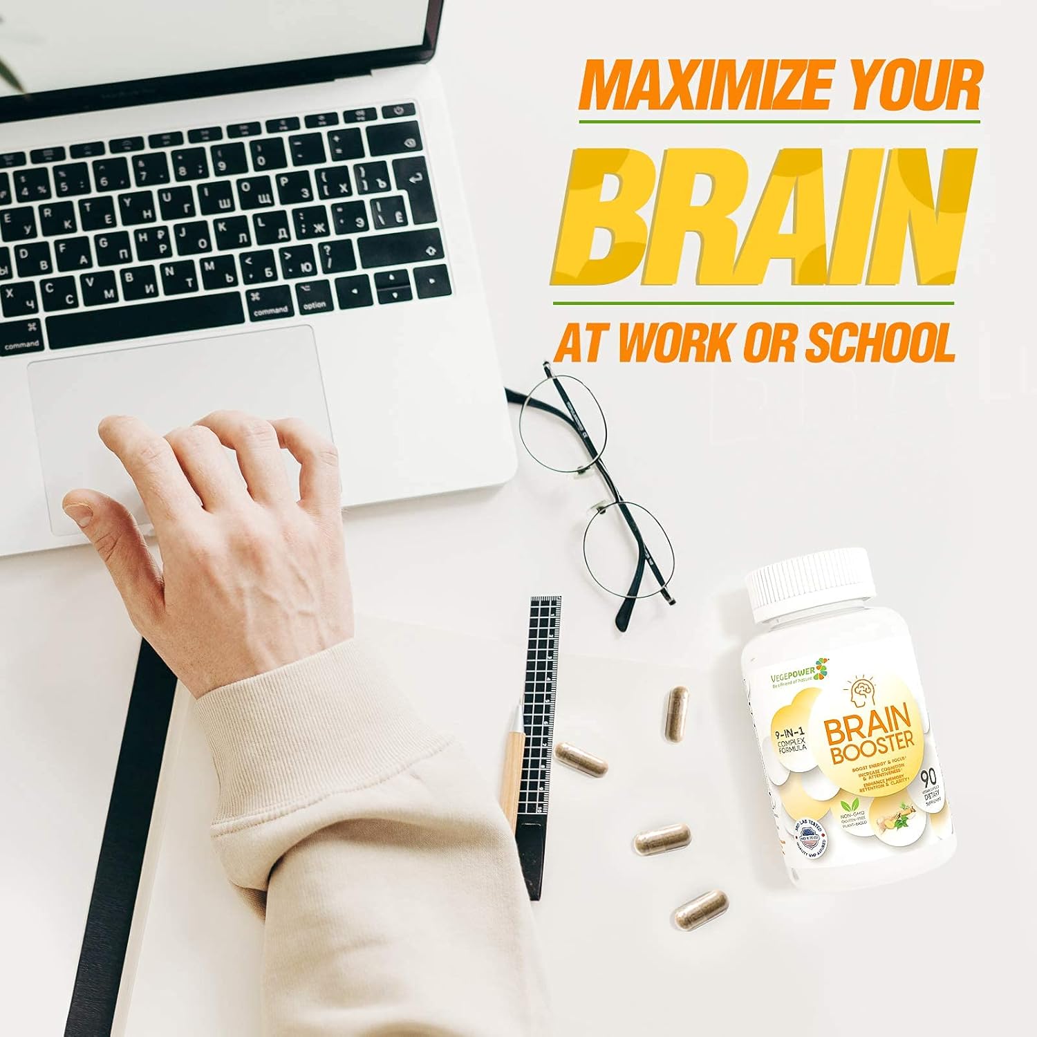 Organic Brain Support Supplement for Focus, Memory, and Energy - Vegan Nootropics with Guarana, Ginseng, Rhodiola Extract - 90 Capsules