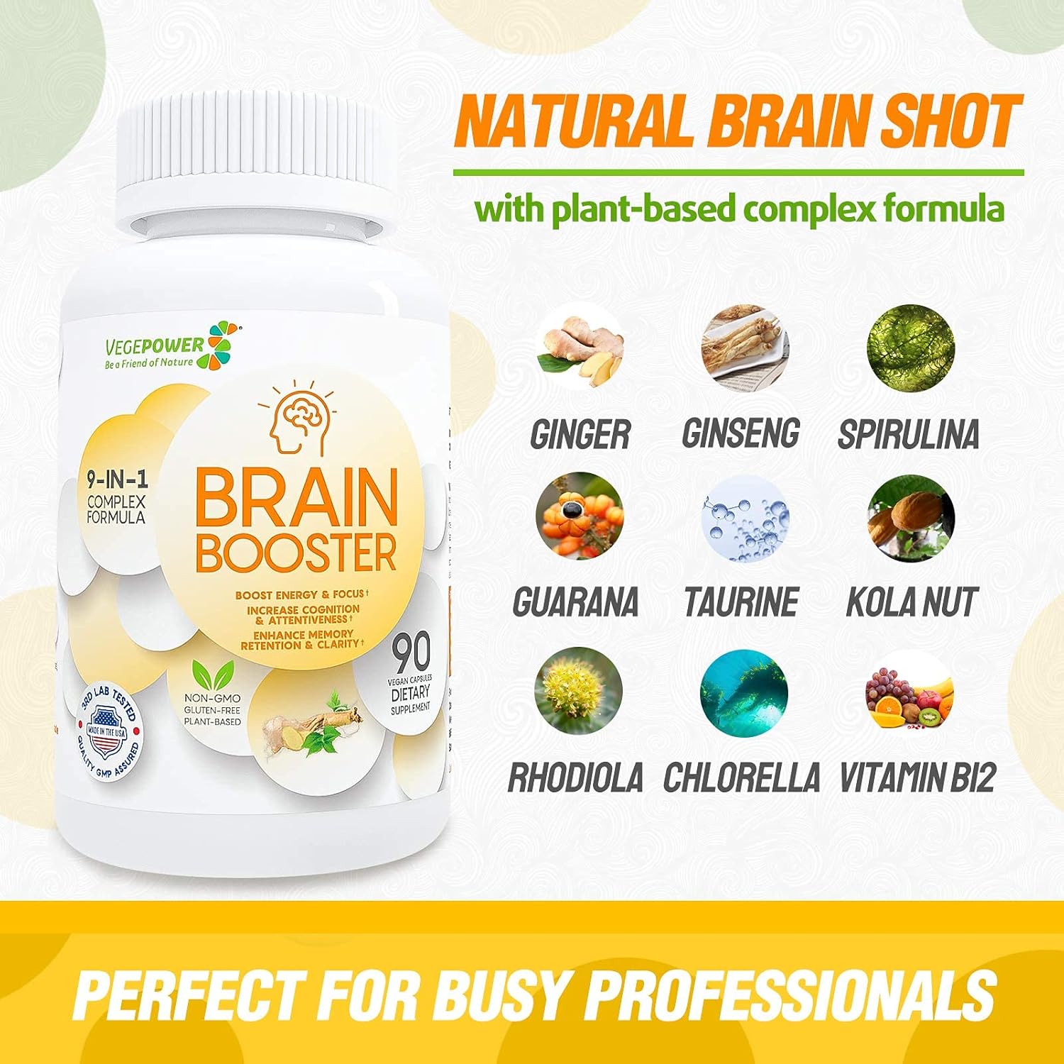 Organic Brain Support Supplement for Focus, Memory, and Energy - Vegan Nootropics with Guarana, Ginseng, Rhodiola Extract - 90 Capsules