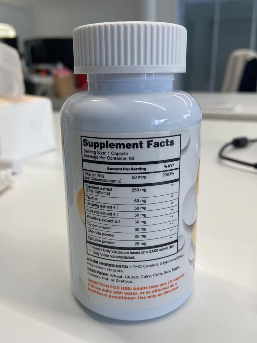 Organic Brain Support Supplement for Focus, Memory, and Energy - Vegan Nootropics with Guarana, Ginseng, Rhodiola Extract - 90 Capsules