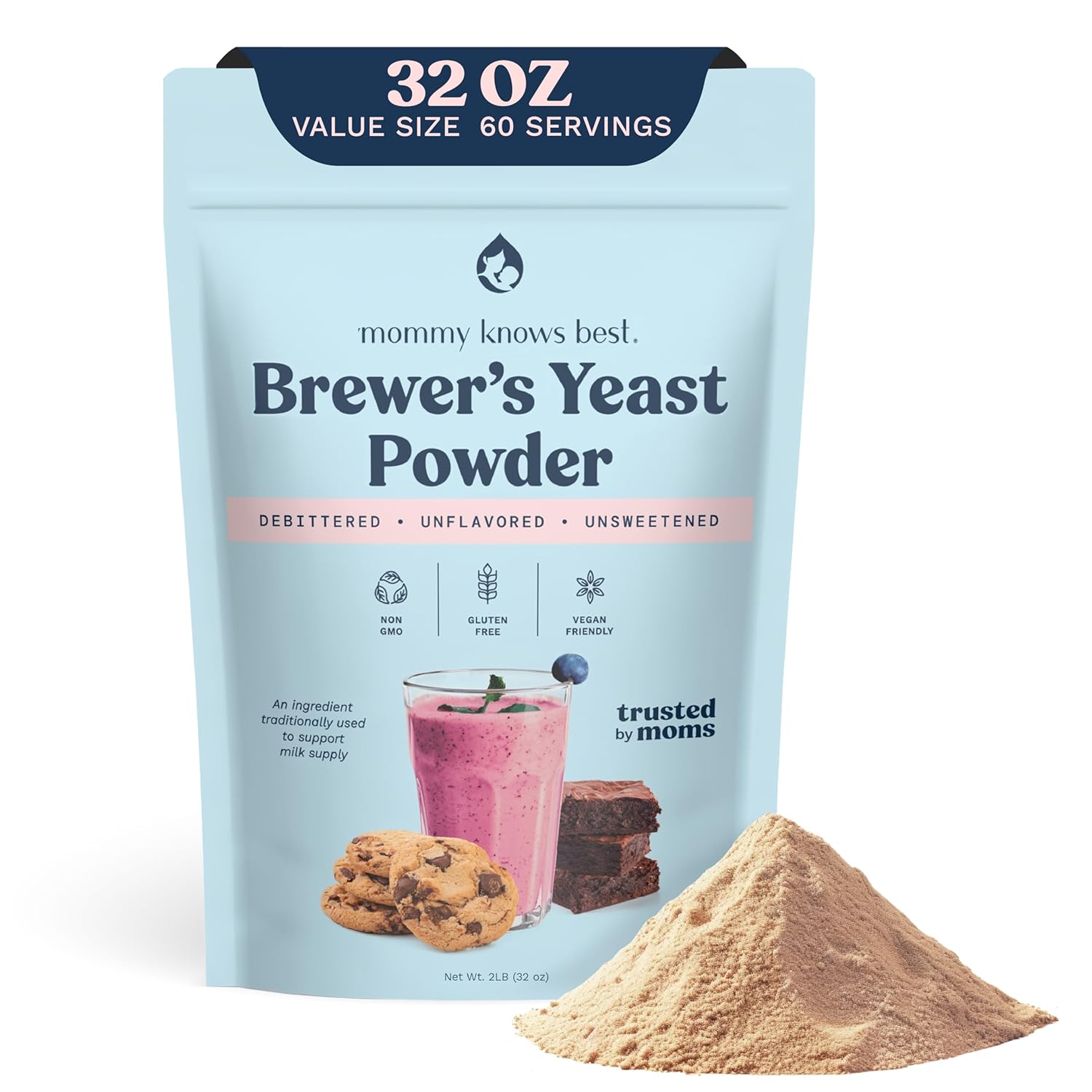 Organic Brewer's Yeast Powder for Breastfeeding Moms - Mild Nutty Flavor, Unsweetened, Debittered - 2 lb Pack