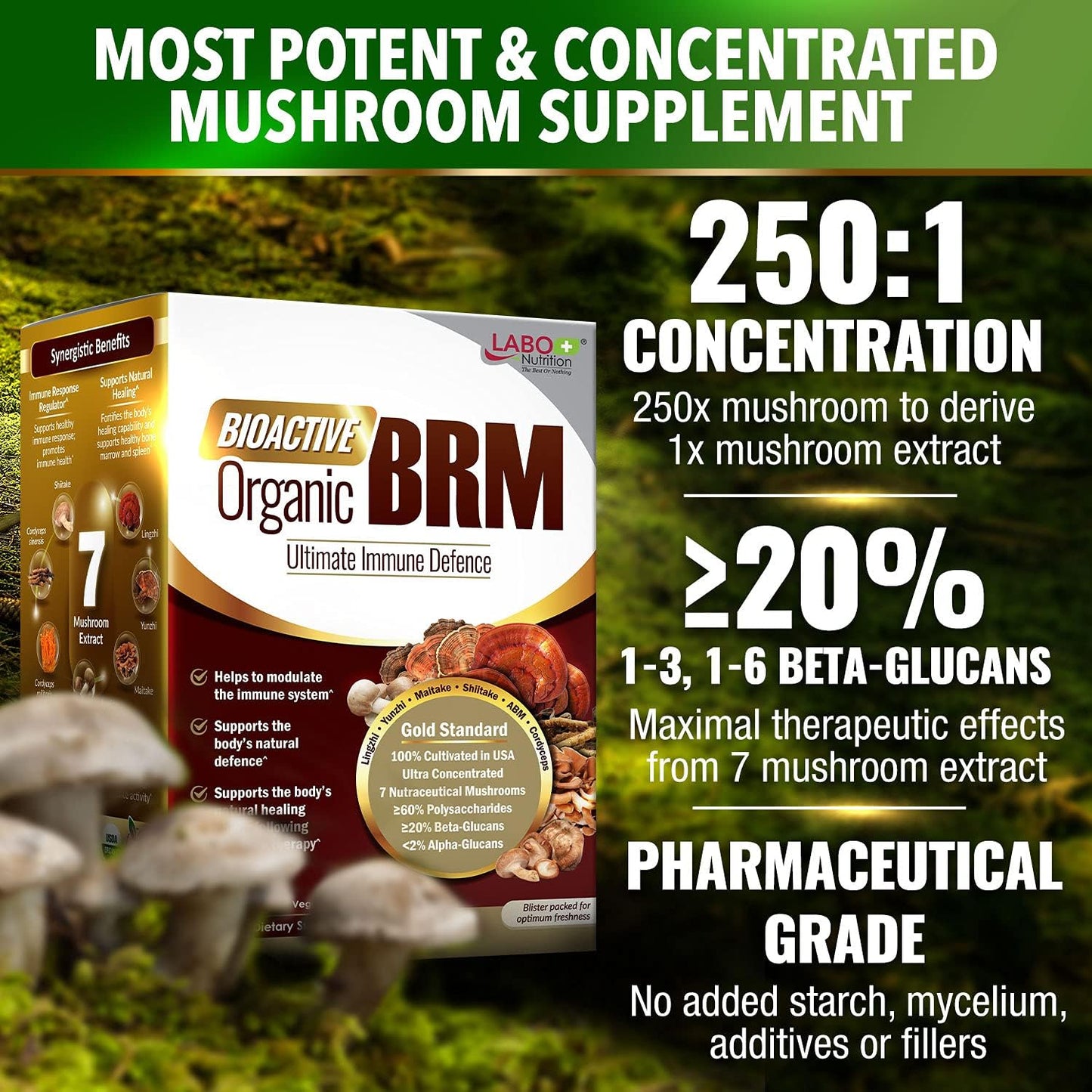 Organic BRM Immune Support Supplement with 6 Therapeutic Mushrooms for Natural Killer Cell Activity