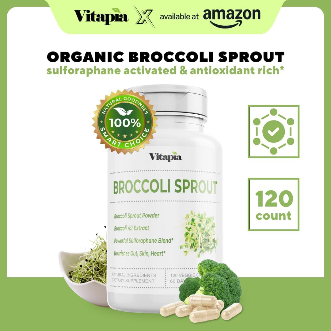 Organic Broccoli Sprout & Extract Capsules for Sulforaphane, Antioxidant & Heart Health - 120 Veggie Caps - Non-GMO, Gluten-Free, Vegan