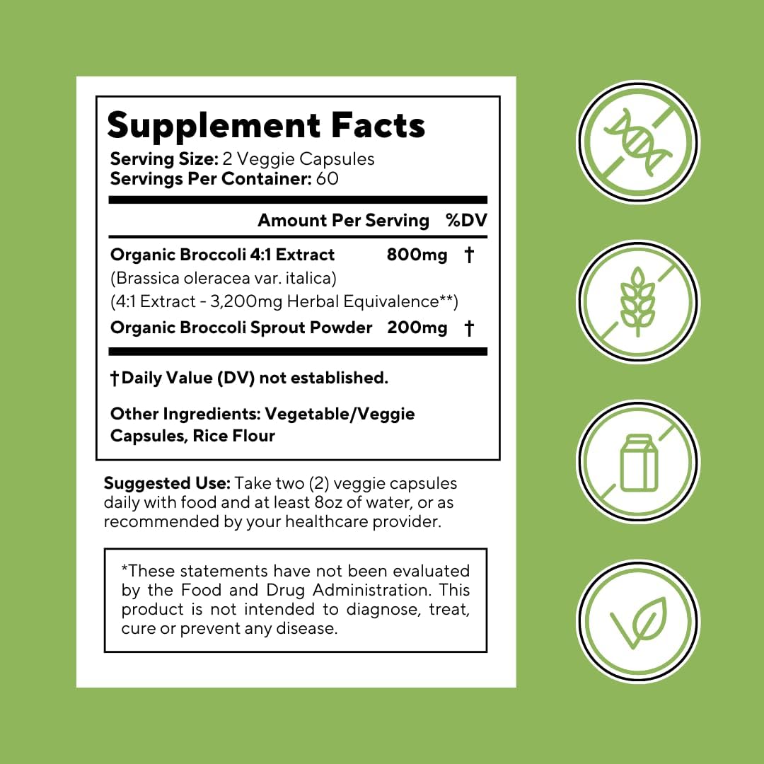 Organic Broccoli Sprout & Extract Capsules for Sulforaphane, Antioxidant & Heart Health - 120 Veggie Caps - Non-GMO, Gluten-Free, Vegan