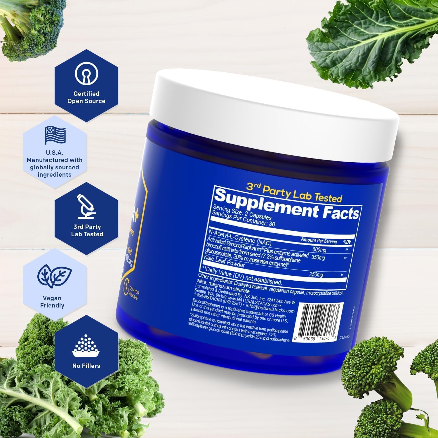 Organic Broccoli Sprout & Kale NAC Supplement for Brain Health - Antioxidant Rich with Sulforaphane - 60 Capsules