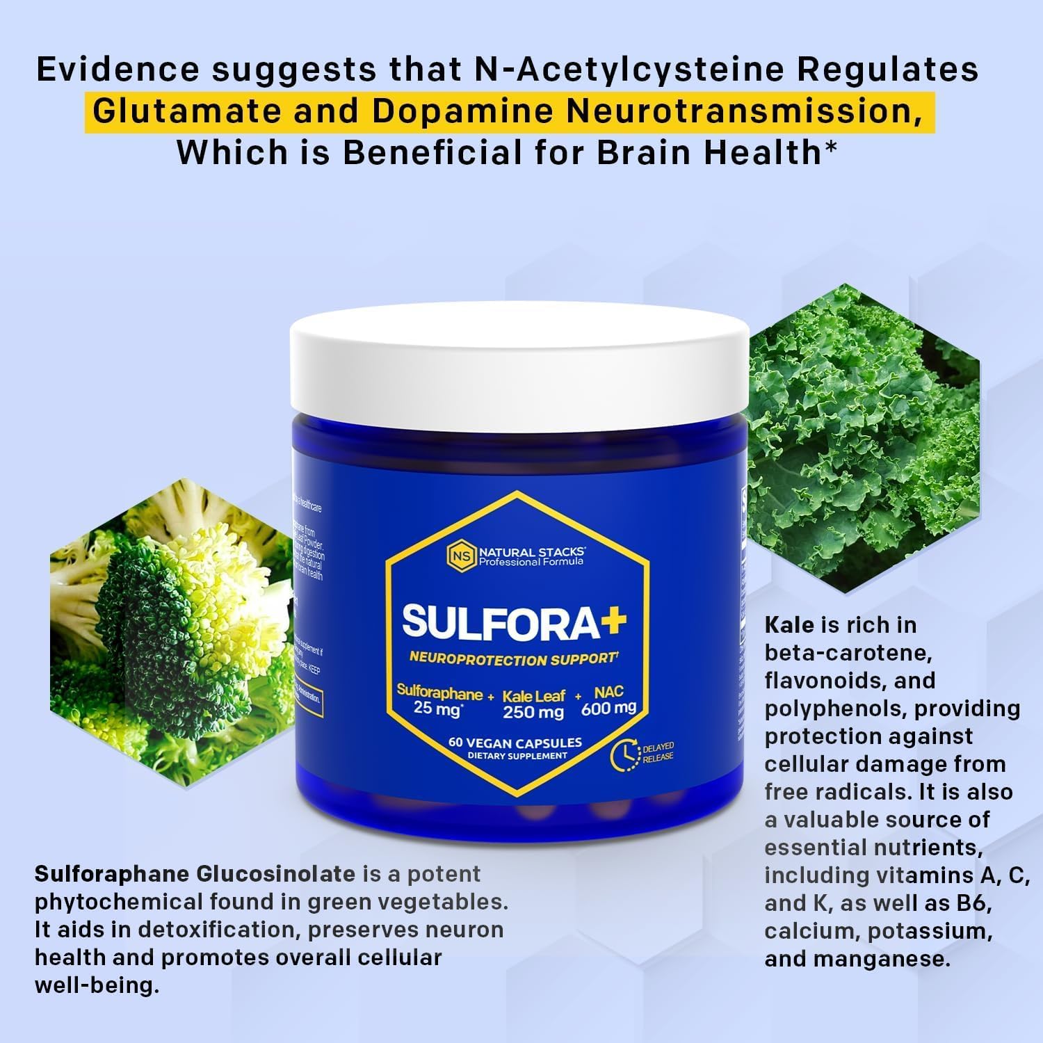 Organic Broccoli Sprout & Kale NAC Supplement for Brain Health - Antioxidant Rich with Sulforaphane - 60 Capsules