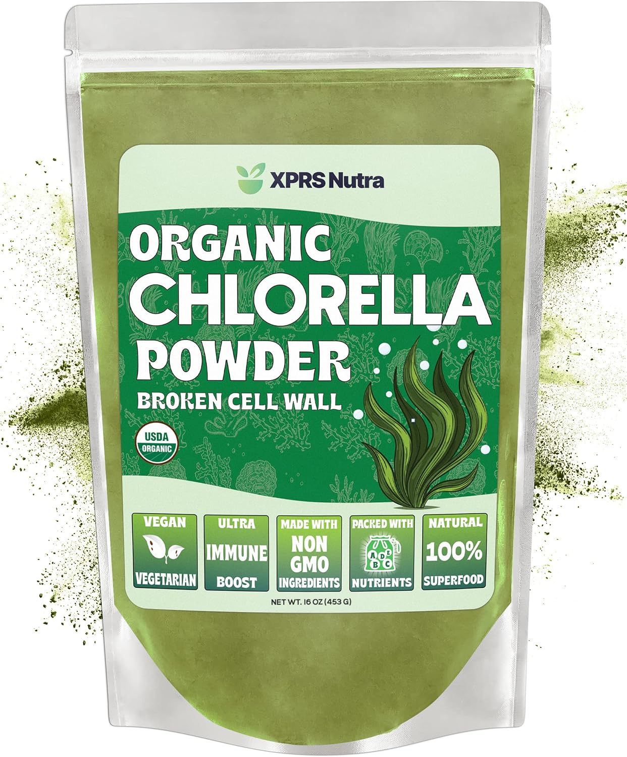 Organic Broken Cell Wall Chlorella Powder for Immunity and Protein - Vegan-Friendly Chlorophyll Powder (16 oz)
