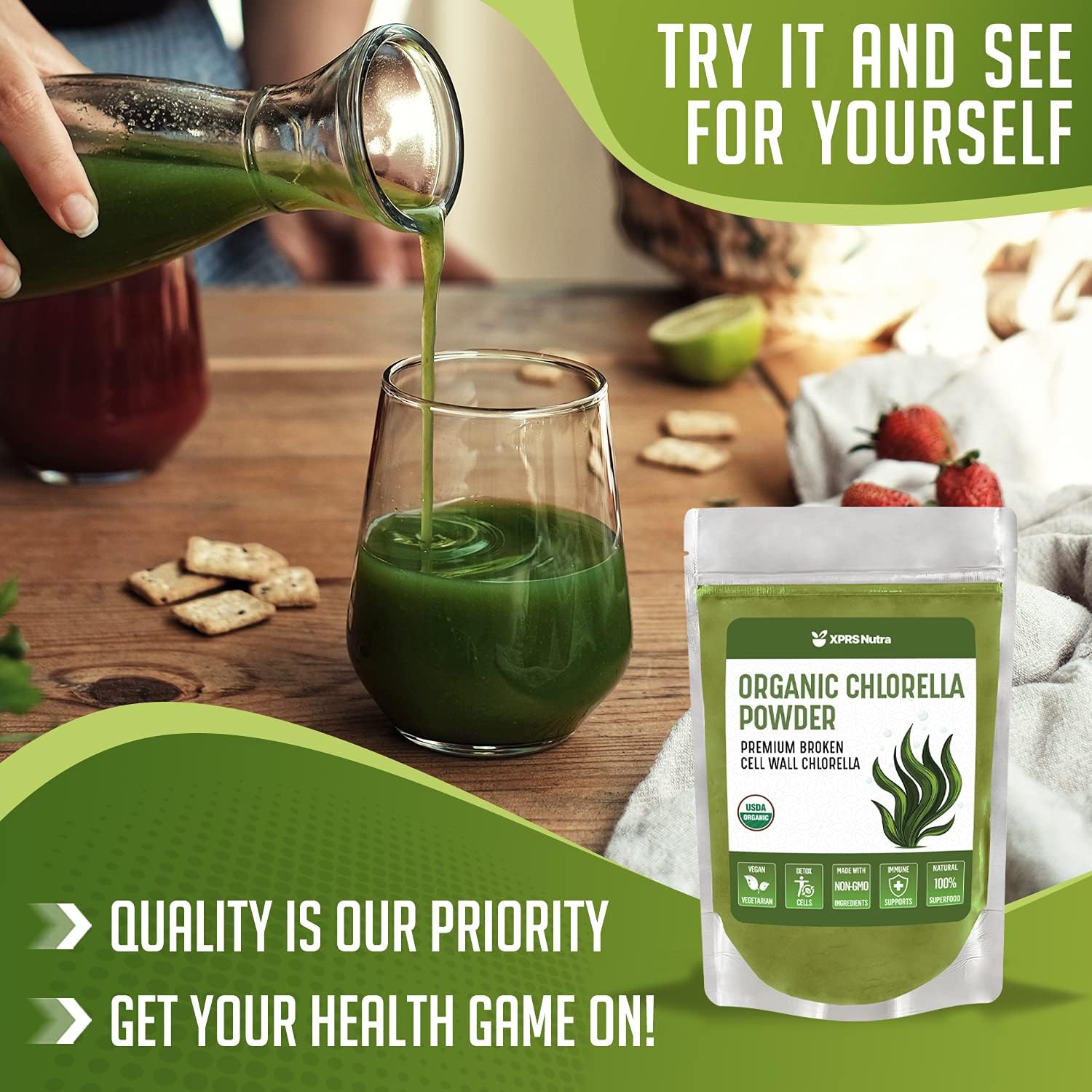 Organic Broken Cell Wall Chlorella Powder for Immunity and Protein - Vegan-Friendly Chlorophyll Powder (16 oz)