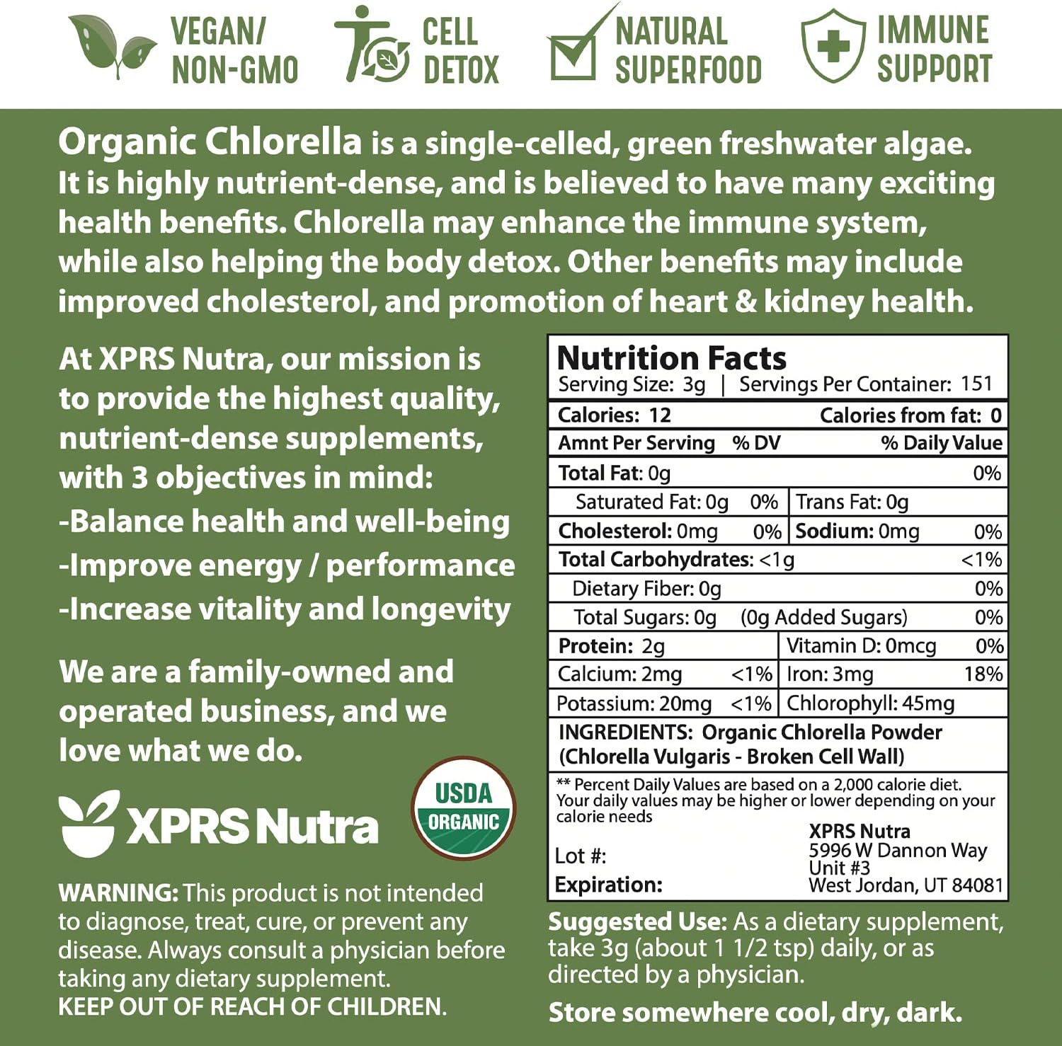 Organic Broken Cell Wall Chlorella Powder for Immunity and Protein - Vegan-Friendly Chlorophyll Powder (16 oz)