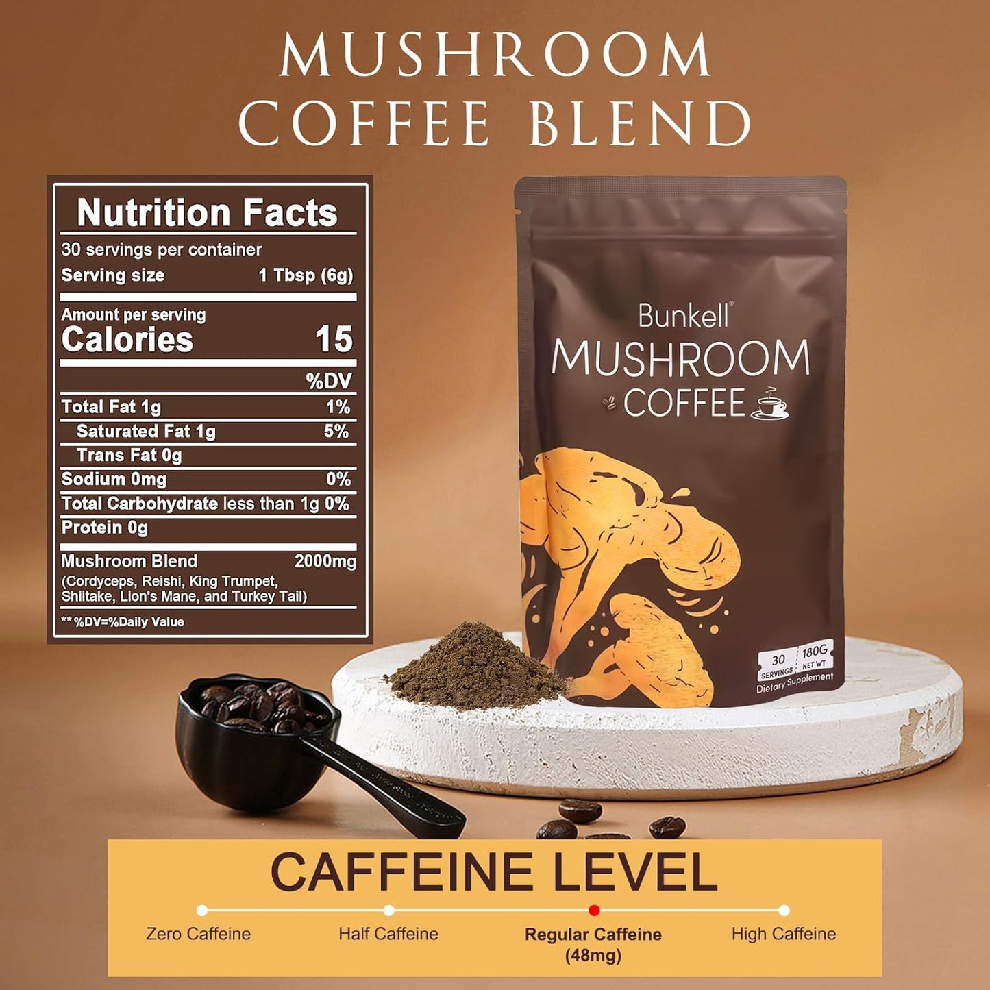 Organic Bunkell Mushroom Coffee Blend with 6 Mushrooms for Energy, Digestion, and Immune Support - 60 Servings, 2 Pack