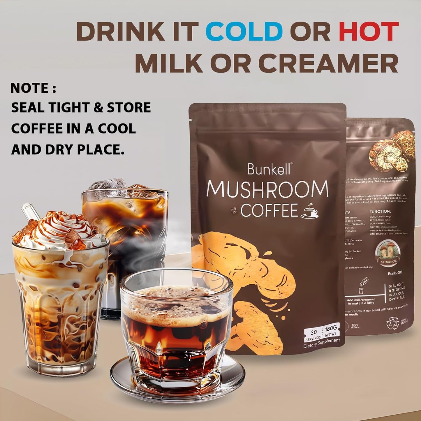 Organic Bunkell Mushroom Coffee Blend with 6 Mushrooms for Energy, Digestion, and Immune Support - 60 Servings, 2 Pack