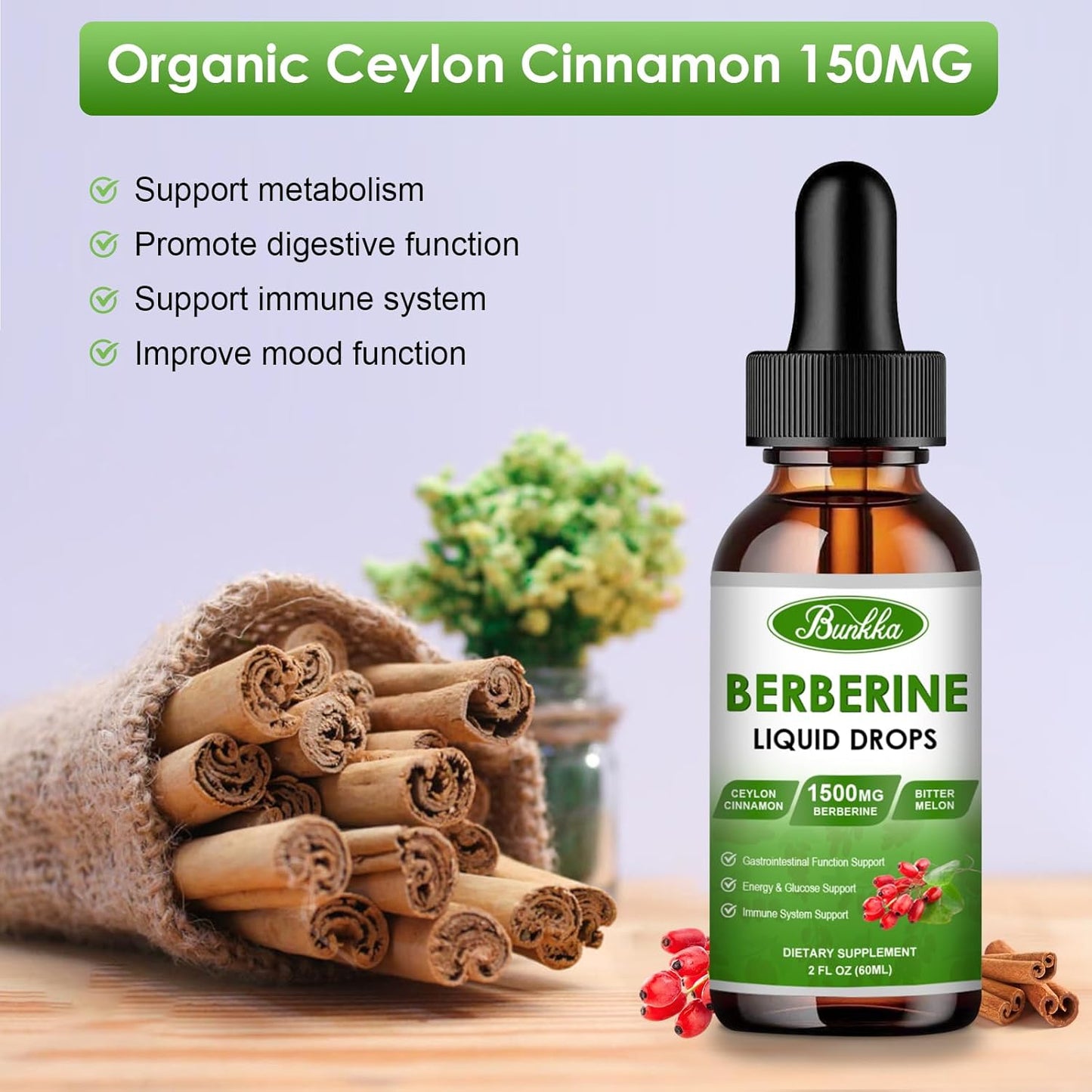 Organic Bunkka Berberine Liquid Drops with Ceylon Cinnamon & Bitter Melon - 1500mg Supplement for Immune & GI Support - Vegan & Sugar-Free - 4 FL Oz